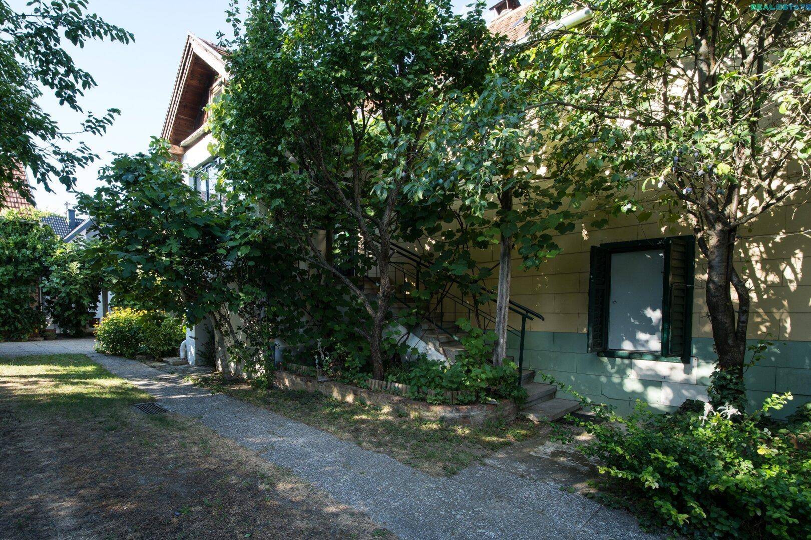 Seitenansicht eines Hauses mit Bäumen, Kiesauffahrt und Treppen zum Eingang.
