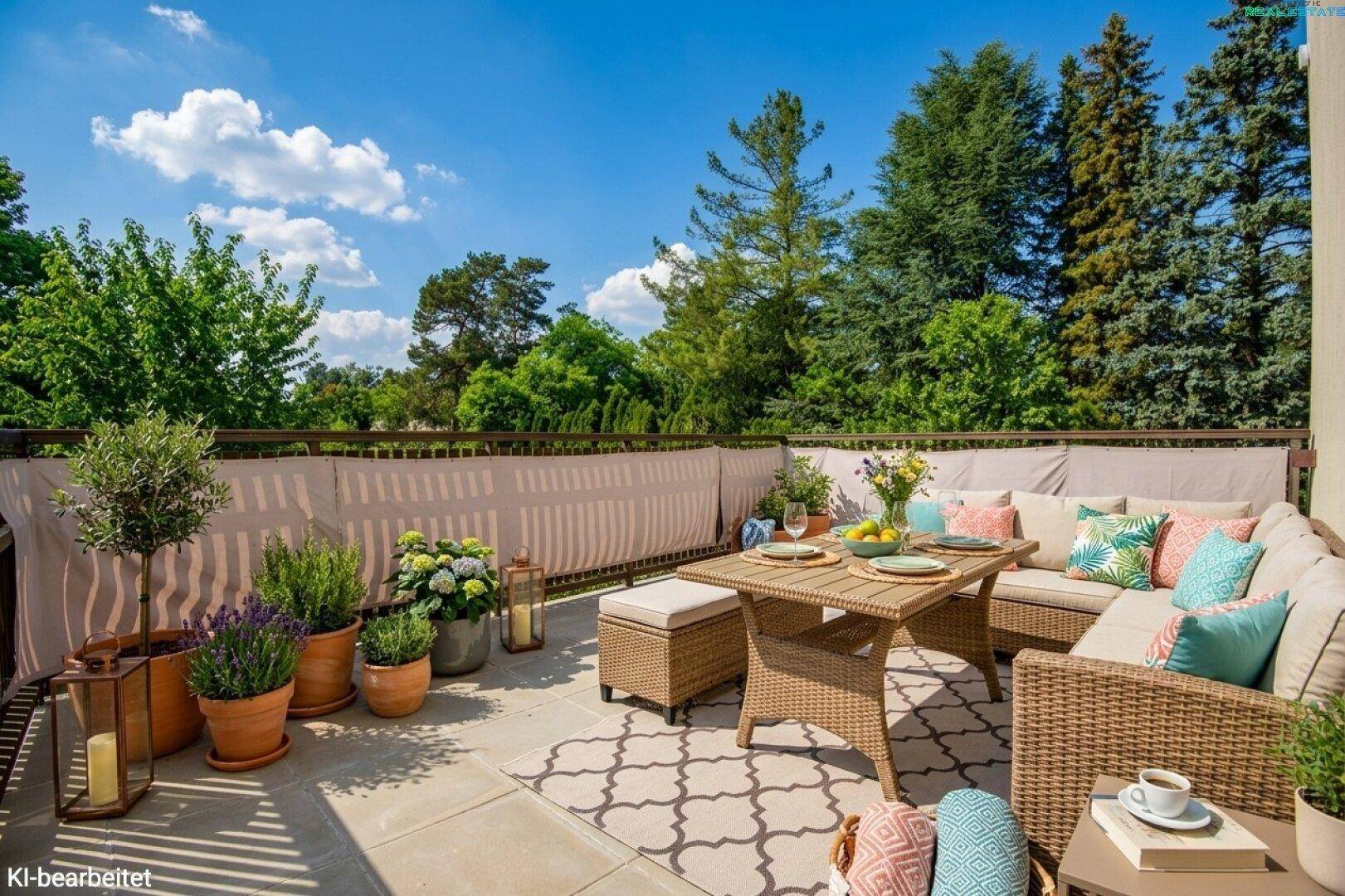 Heller Balkon mit gemütlichen Rattanmöbeln und Blick ins Grüne.