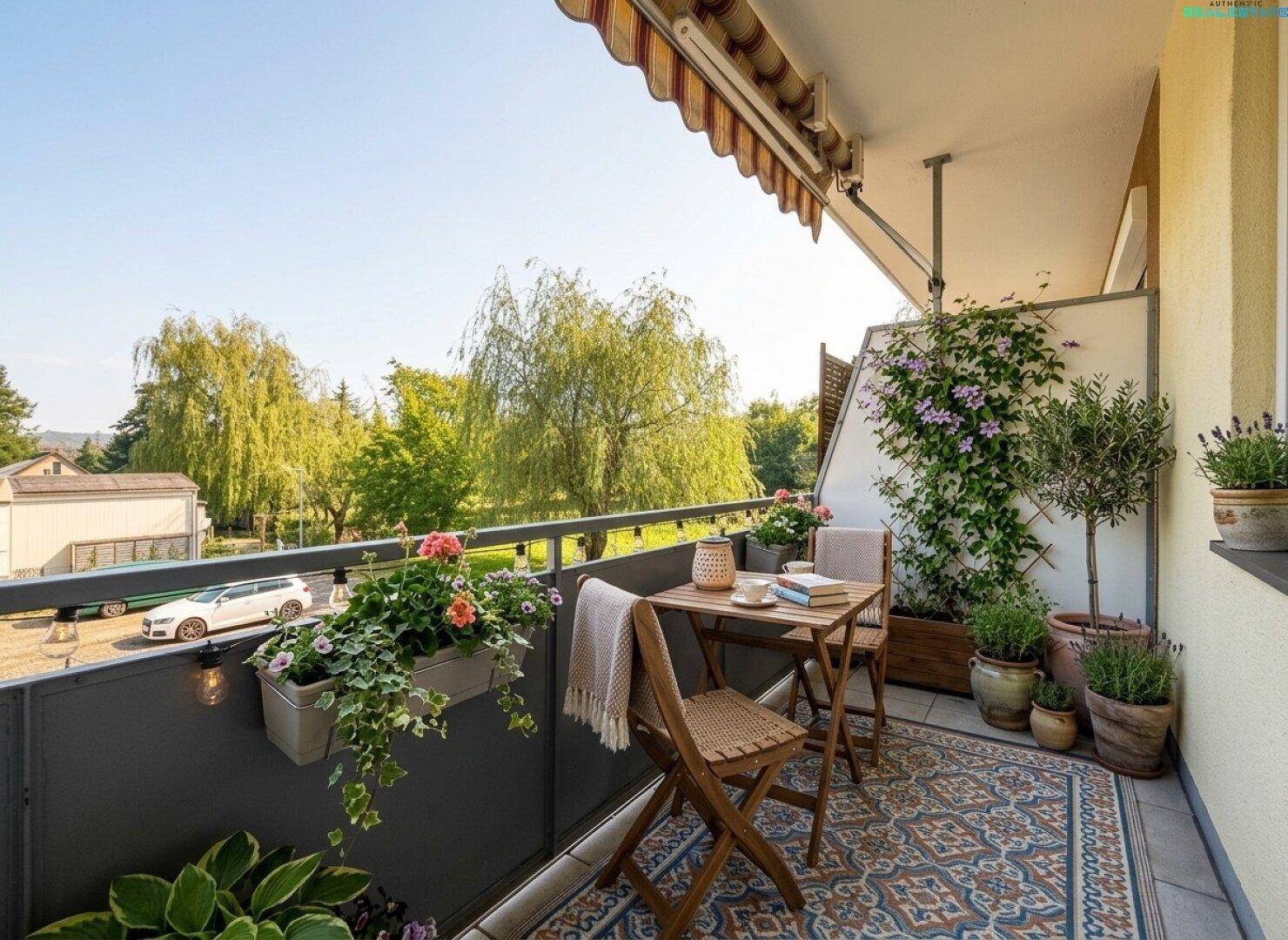 Gemütlicher Balkon mit Sitzgelegenheiten, vielen Pflanzen und einem schönen Blick ins Grüne.