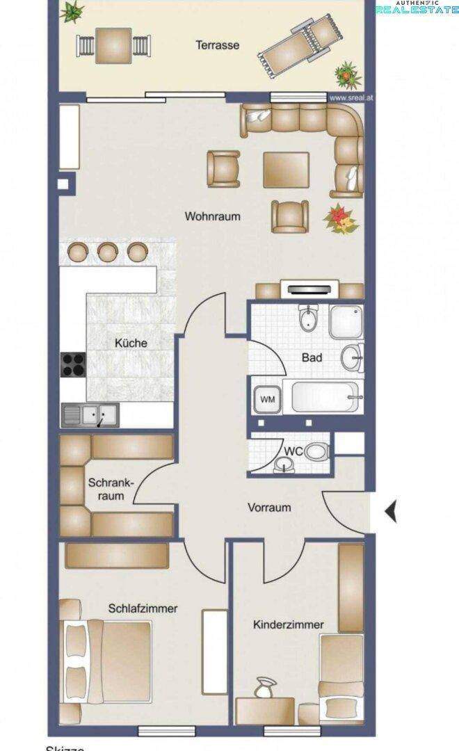 Grundriss einer Wohnung mit offenem Wohnbereich, zwei Schlafzimmern und Terrasse.