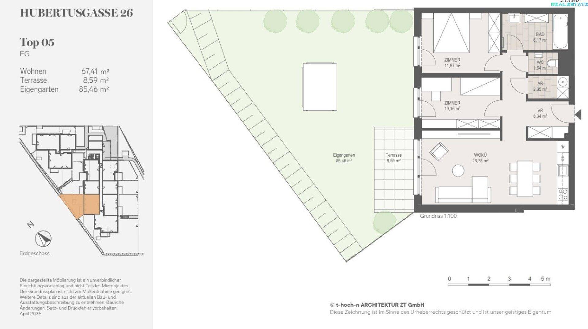 Grundriss der Erdgeschosswohnung mit Terrasse, Garten und drei Zimmern.