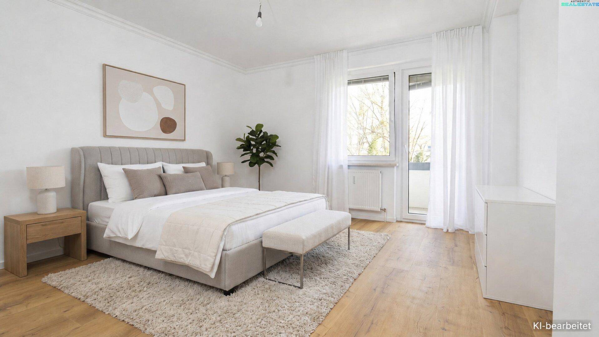 Modern eingerichtetes Schlafzimmer mit großem Bett, hellem Holzboden und Balkonzugang.