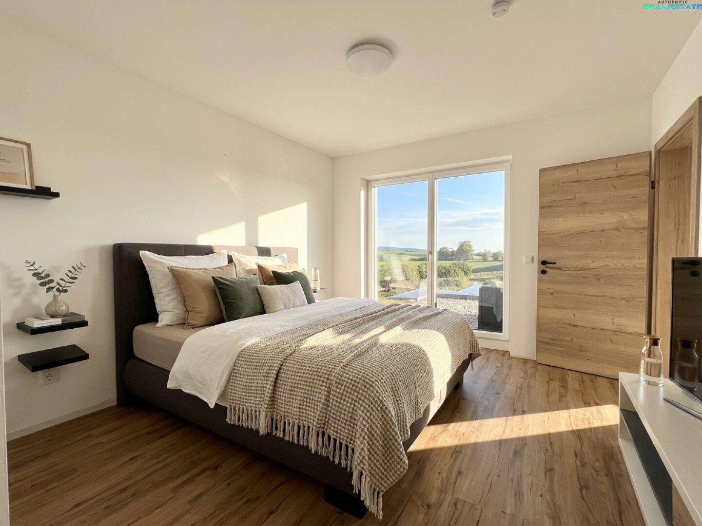 Gemütliches Schlafzimmer mit großem Bett, Laminatboden und Zugang zur Terrasse mit Weitblick.
