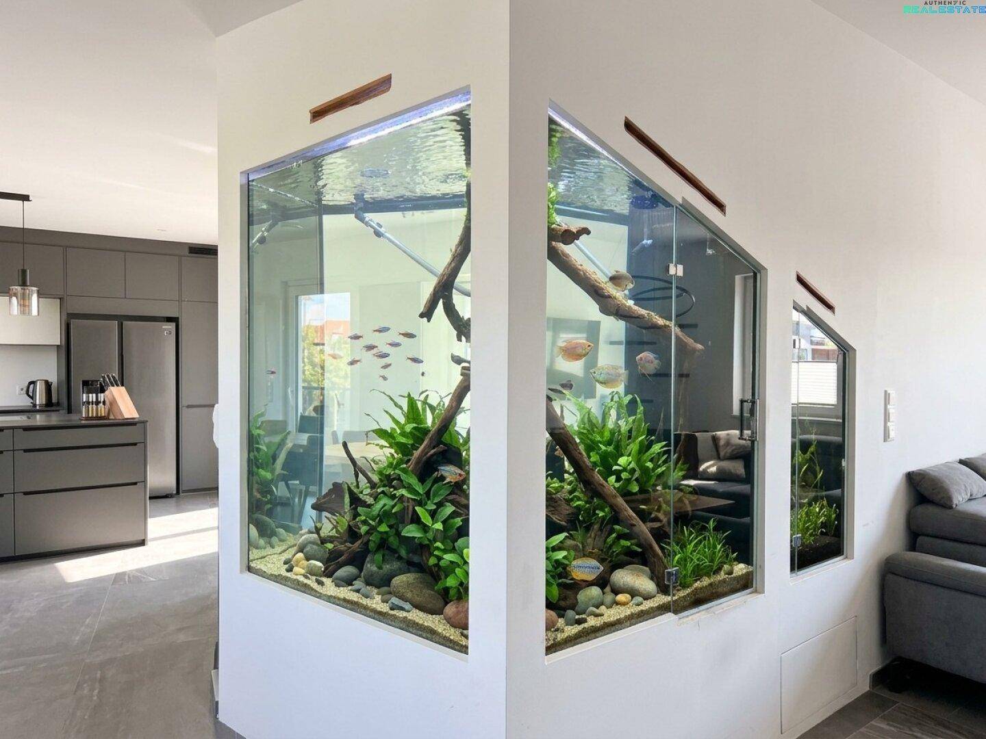 Wohnbereich mit einem beeindruckenden, eingebauten Aquarium als Raumteiler und Blick zur Küche.