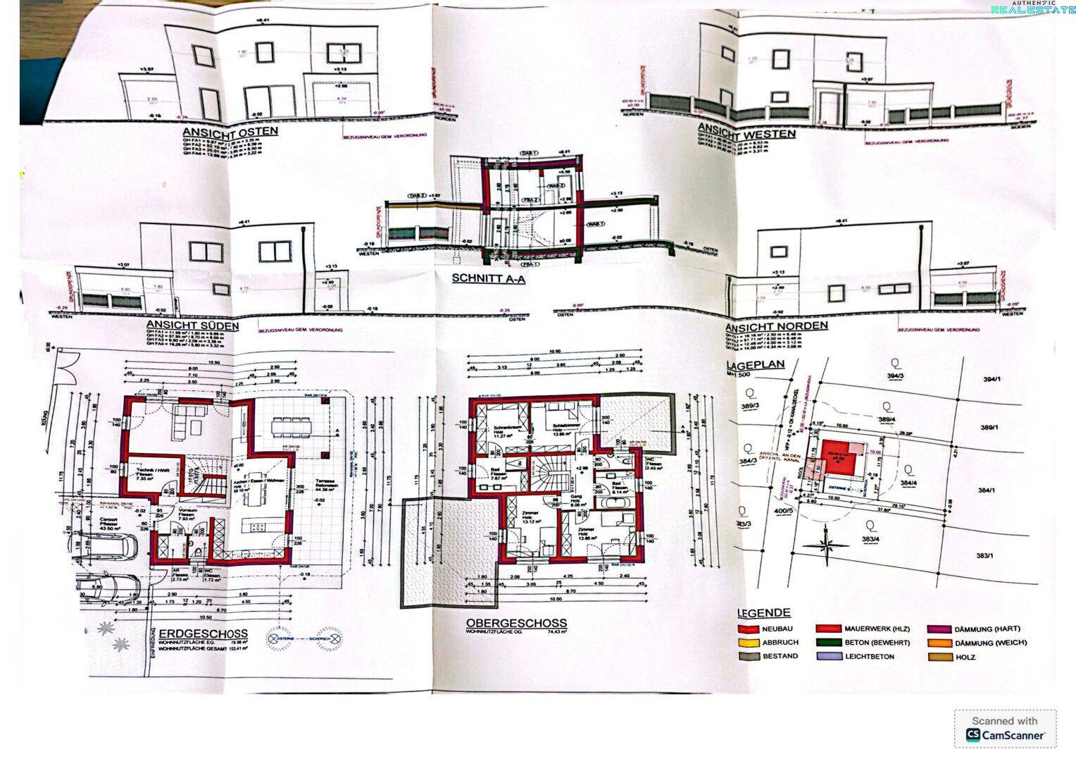 Übersicht der Baupläne mit Grundrissen, Schnitten und Lageplan des gesamten Anwesens.