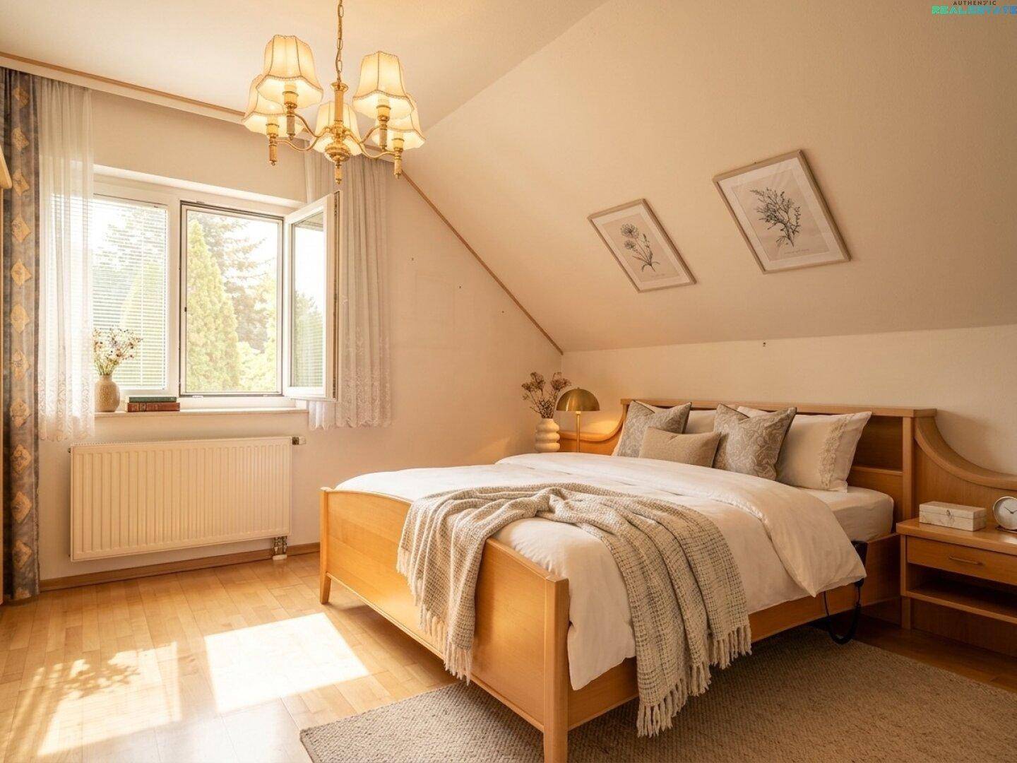 Helles Schlafzimmer mit Holzbett, Parkettboden und Fenster unter einer Dachschräge.