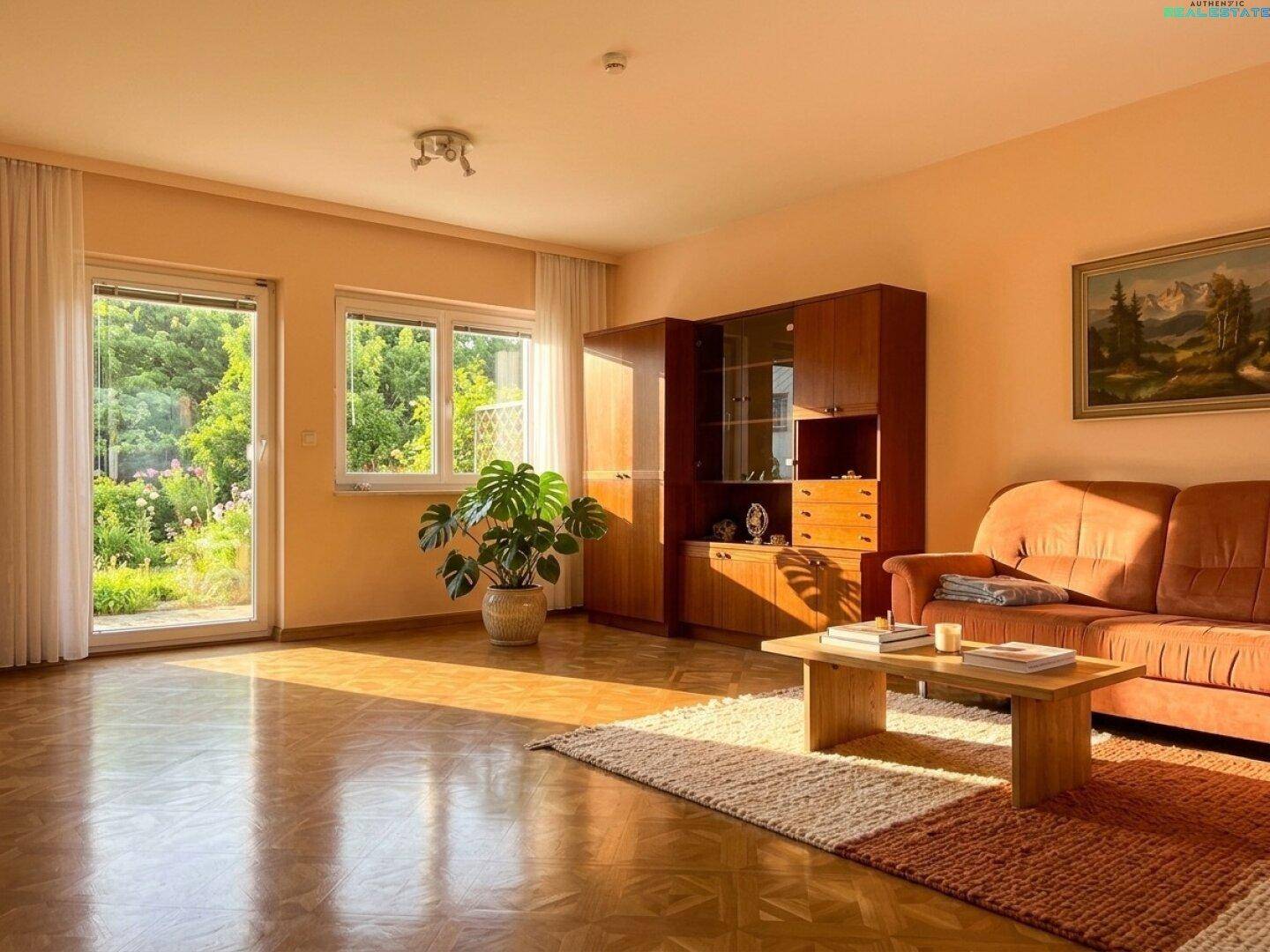 Helles Wohnzimmer mit Parkettboden, bequemer Couch und Zugang zum grünen Garten.