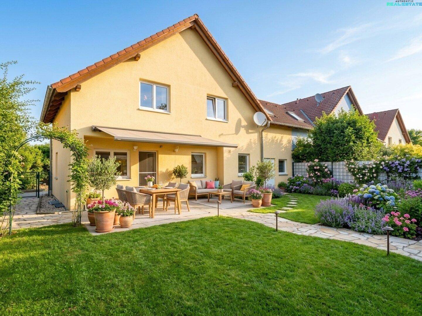 Gepflegter Garten mit blühenden Blumenbeeten, Rasenfläche und möblierter Terrasse.