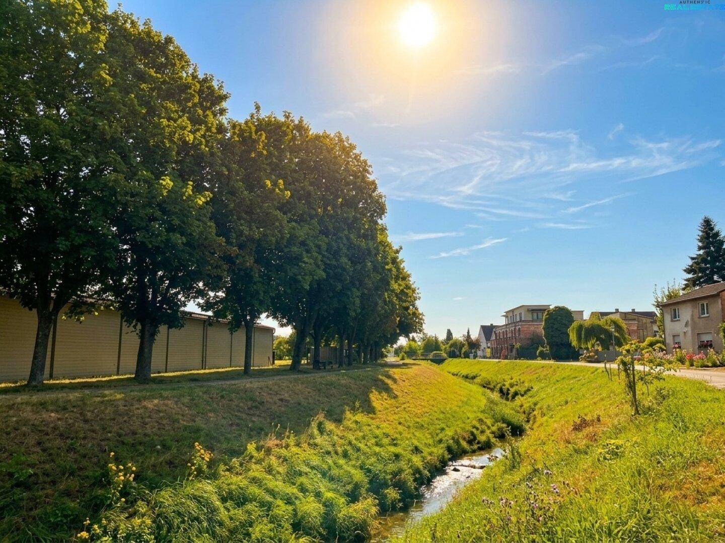 Sonnige Landschaft mit einem kleinen Bach, grünen Bäumen und Häusern im Hintergrund.