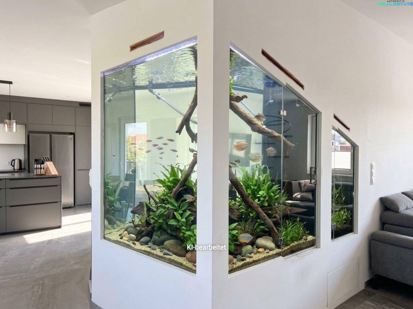Moderner Wohnbereich mit großem, eingebautem Aquarium und offener Küche im Hintergrund.