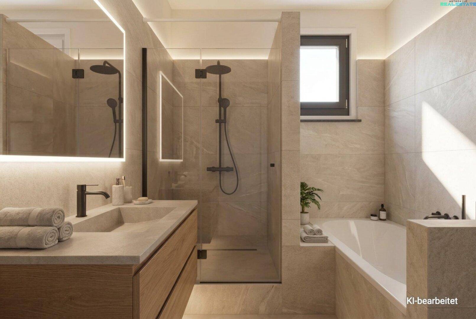 Modernes Badezimmer mit großer begehbarer Dusche, Badewanne und stilvollen Fliesen.