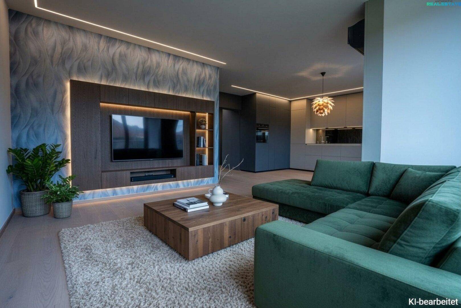 Gemütliches Wohnzimmer mit großem Ecksofa, modernem TV-Möbel und dekorativer Wandgestaltung.