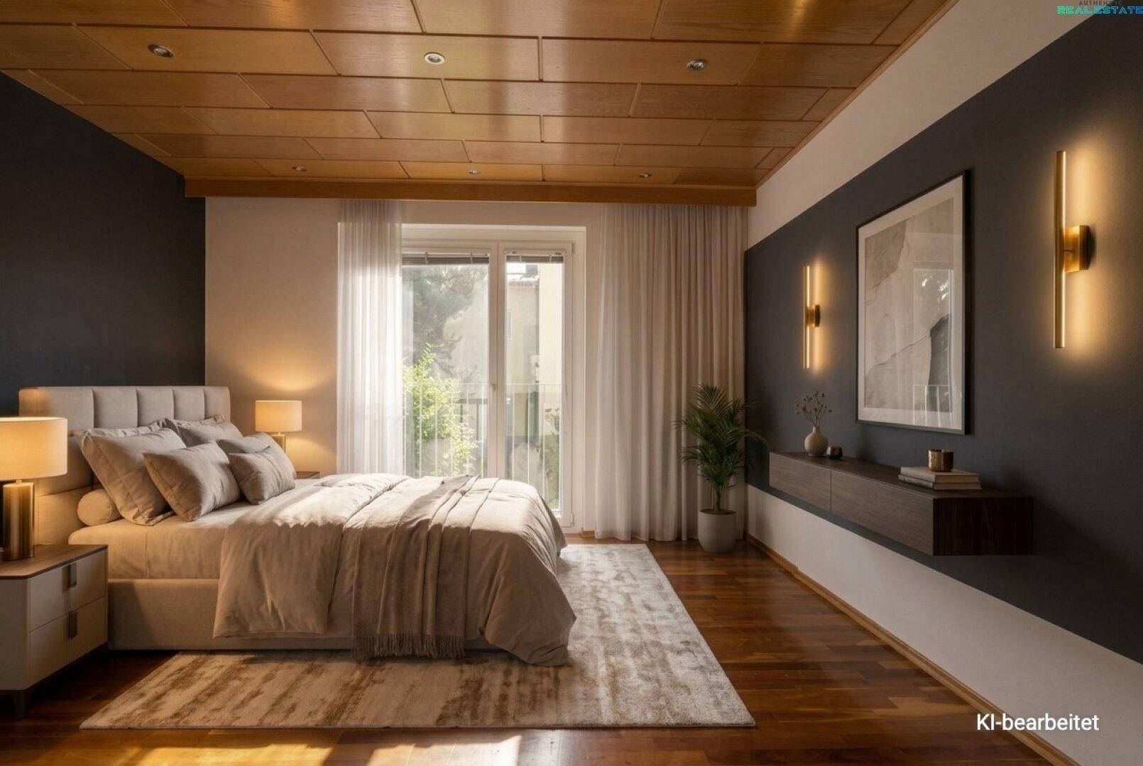 Gemütliches Schlafzimmer mit Holzakzentdecke, großem Bett und Zugang zu einem Balkon.