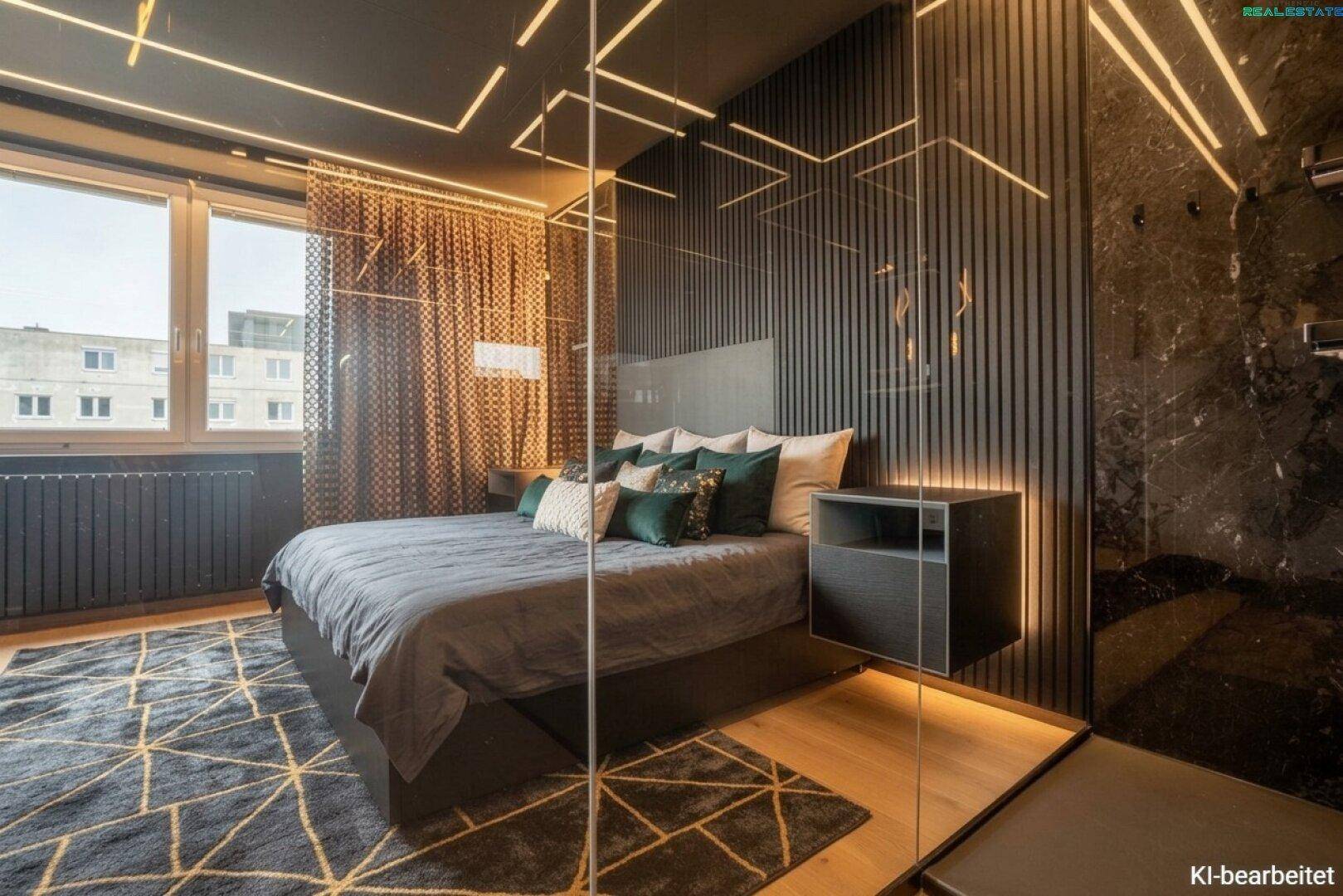 Modernes Schlafzimmer in dunklen Tönen mit großem Bett, Holzboden und indirekter Beleuchtung.