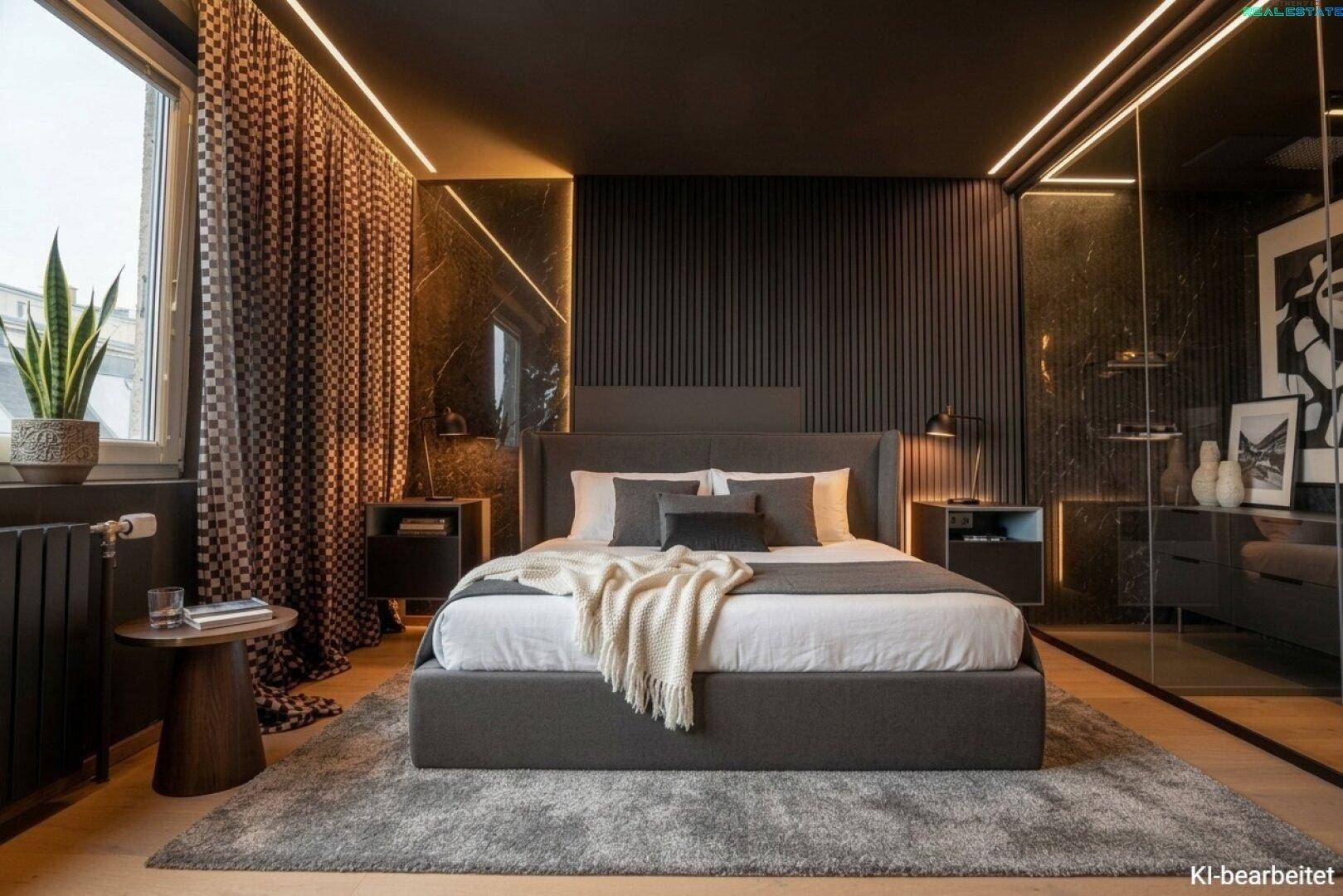 Elegantes Schlafzimmer mit großem Doppelbett, dunklen Wänden und stilvoller Einrichtung.