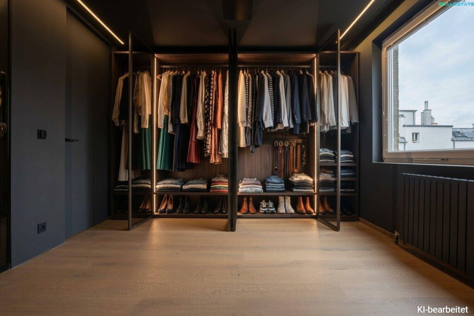 Heller begehbarer Kleiderschrank mit offener Aufbewahrung, Regalen und Fenster.