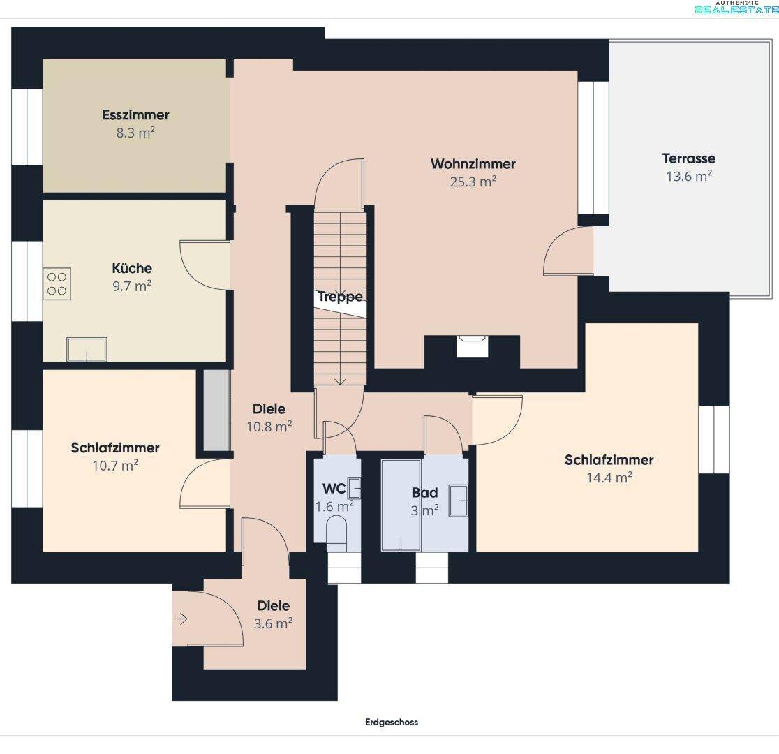 Grundriss des Erdgeschosses mit Wohnzimmer, Esszimmer, Küche, zwei Schlafzimmern und Terrasse.
