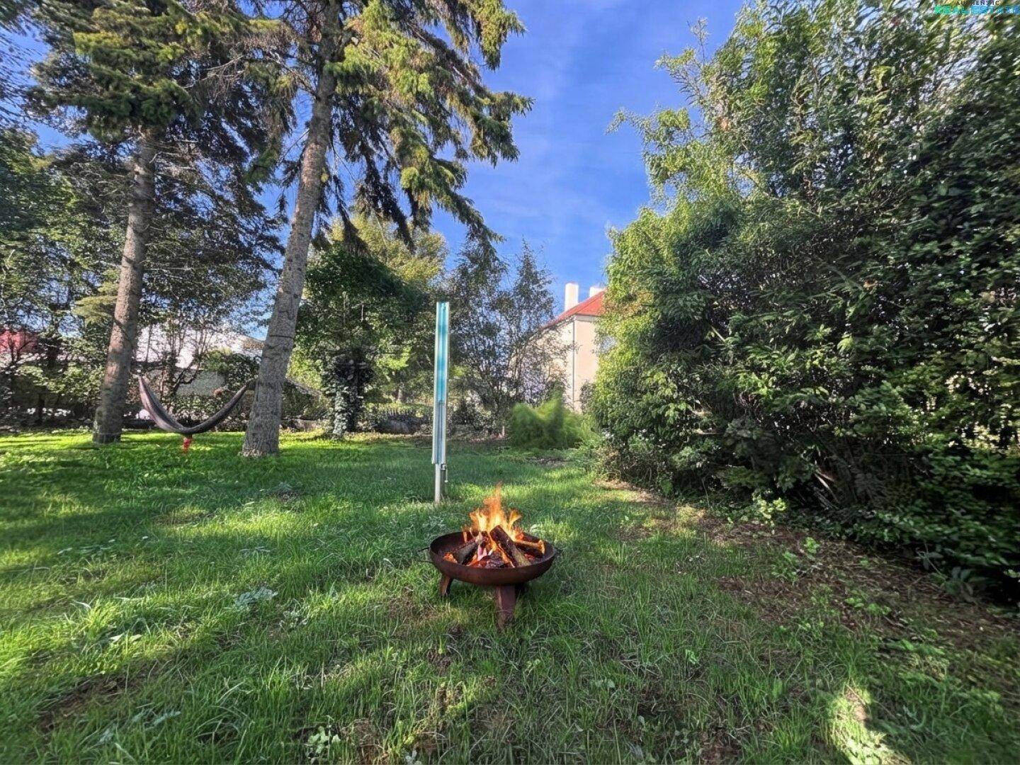 Gemütlicher Gartenbereich mit Feuerstelle, Hängematte und altem Baumbestand für entspannte Abende.