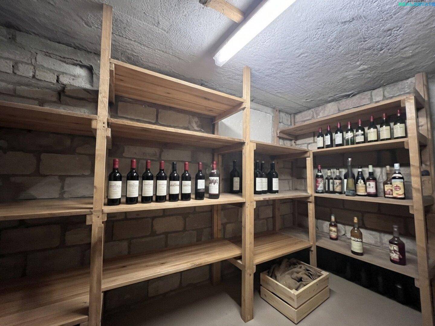 Weinkeller mit Holzregalen voller Weinflaschen, unverputzter Ziegelwand und Beton-Decke.
