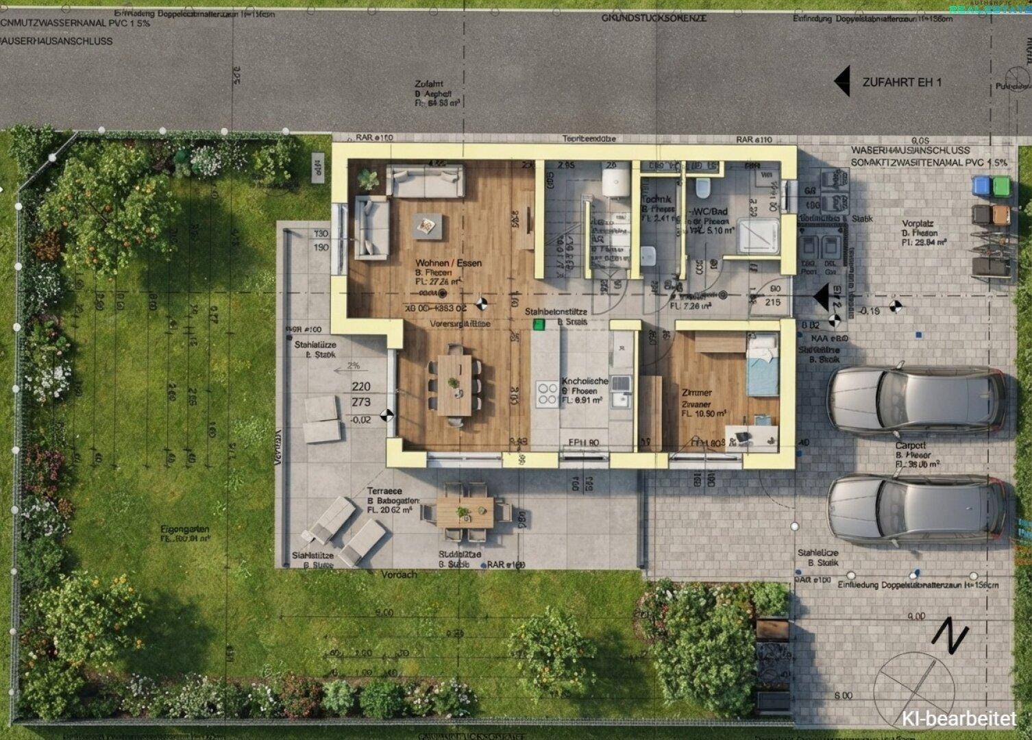 Detaillierter Grundriss des Erdgeschosses mit Wohnbereich, Küche und Terrasse.