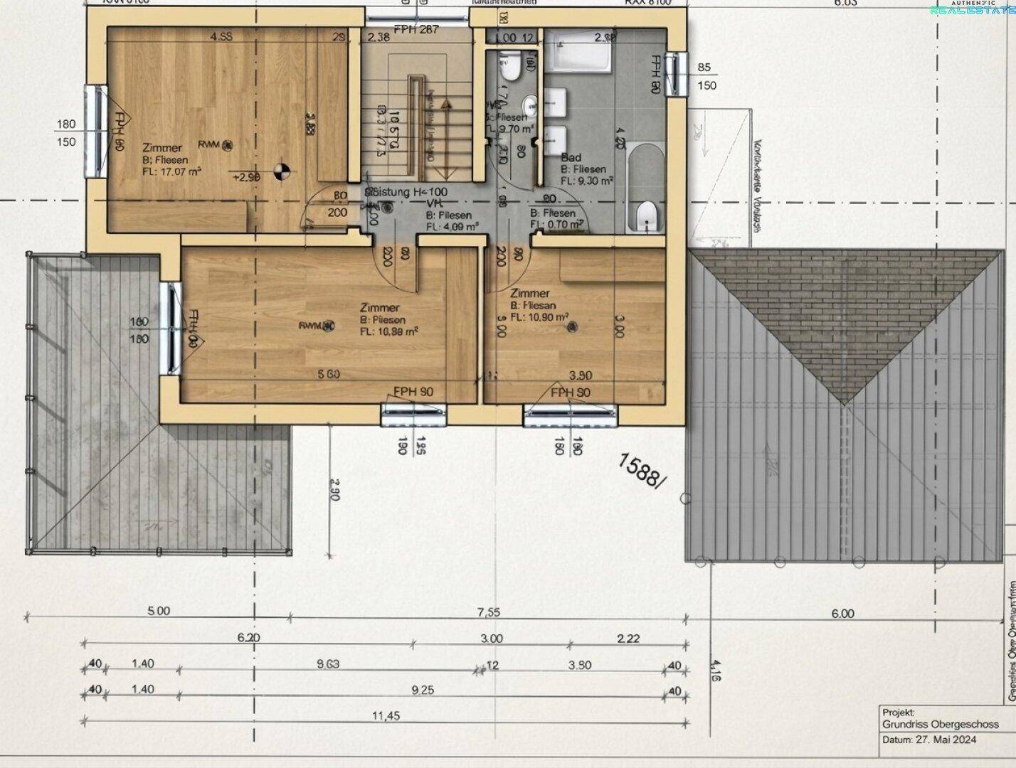 Grundriss des Obergeschosses mit Schlafzimmern, Bad und Balkon.