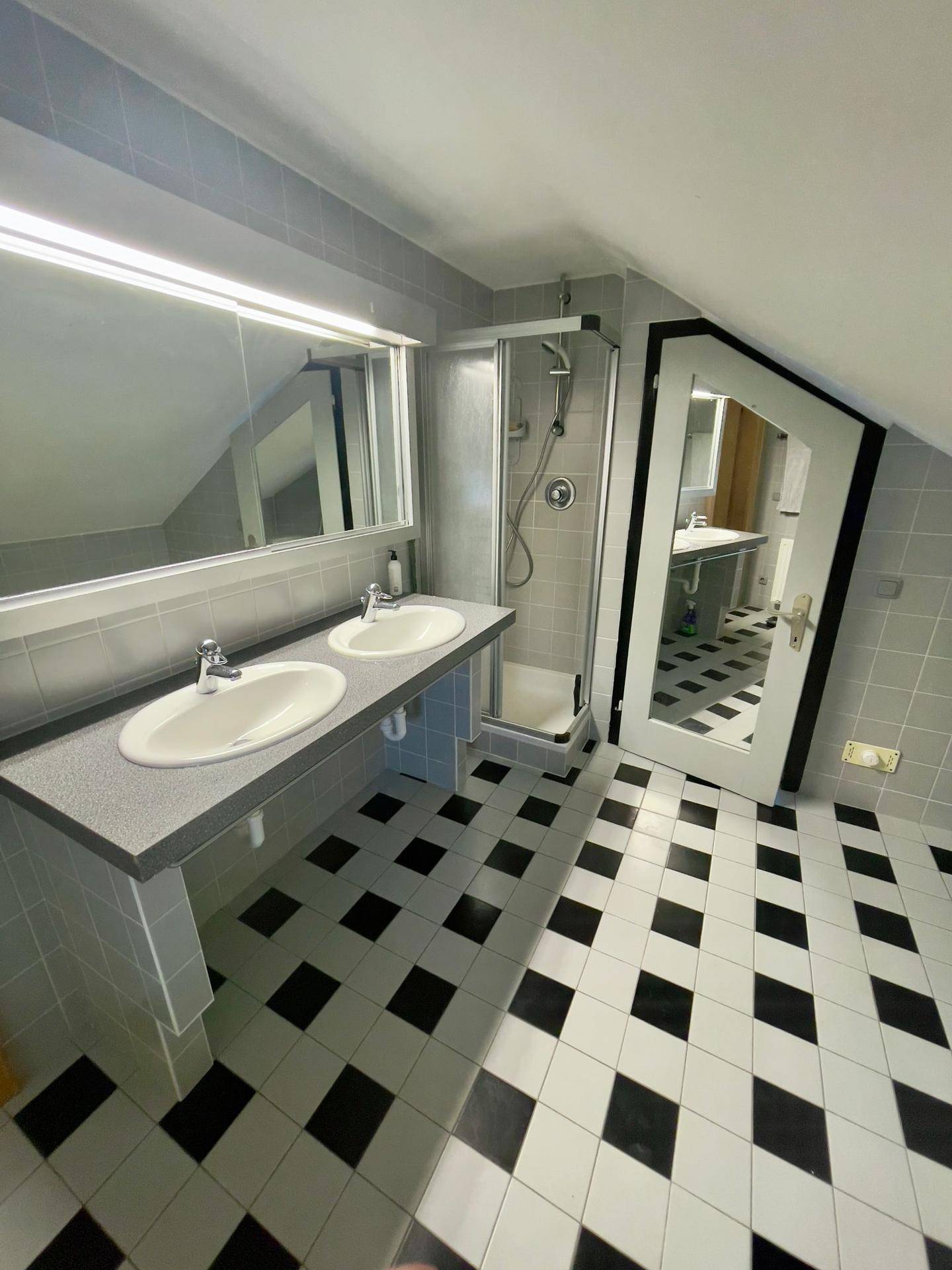 Badezimmer mit Doppelwaschbecken, Dusche und Blick in den WC-Bereich.