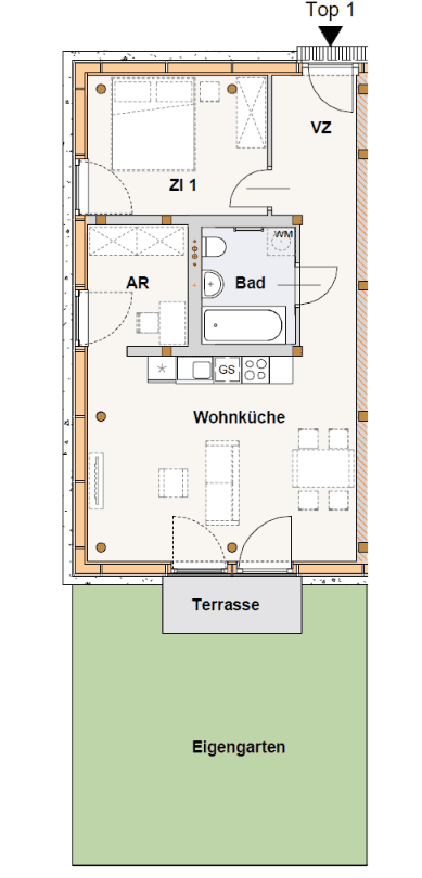 Grundriss der Wohnung mit offener Wohnküche, Schlafzimmer, Bad und Garten.