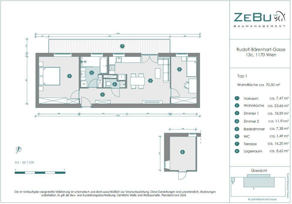 Grundriss einer modernen Wohnung mit offenem Wohnbereich, zwei Schlafzimmern, Bad, separatem WC und Terrasse.