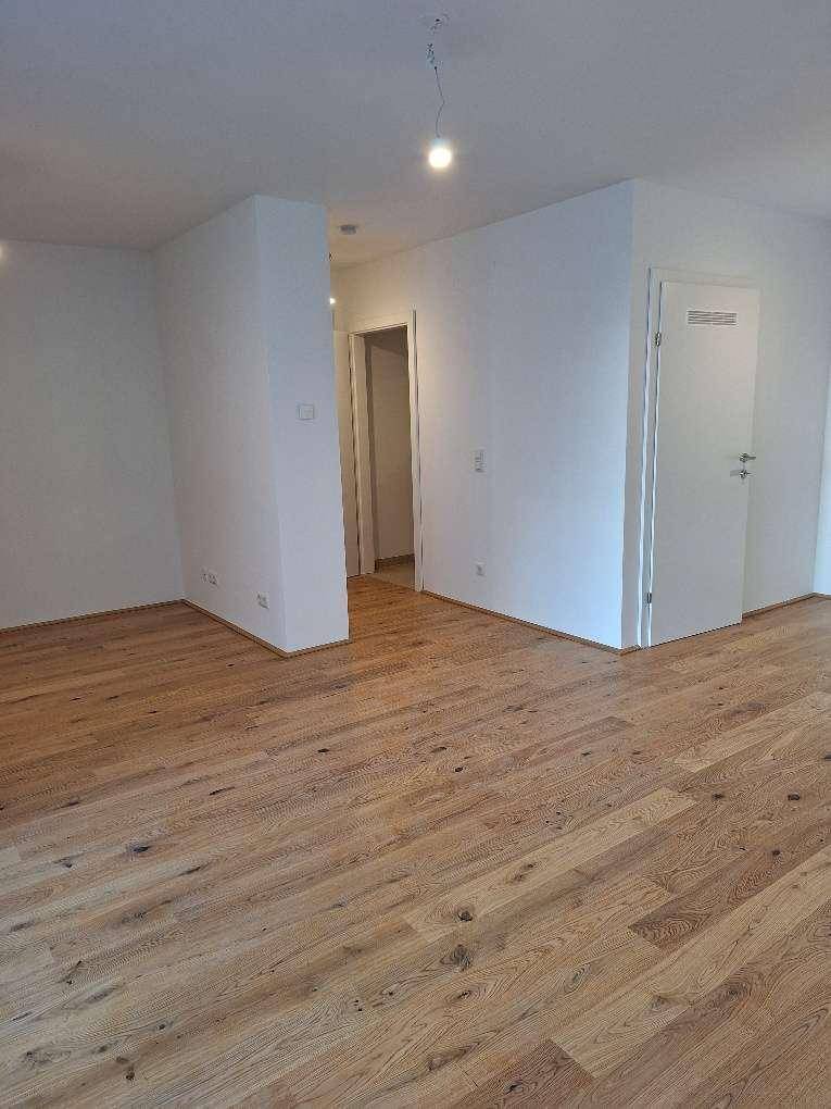 Heller Raum mit neuem Holzfußboden und weißen Wänden, der zu weiteren Zimmern führt.