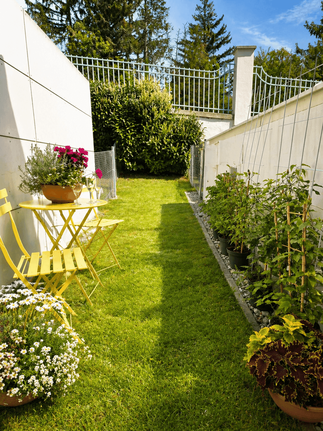 Kleiner, gepflegter Gartenbereich mit Sitzgelegenheiten und grüner Rasenfläche.