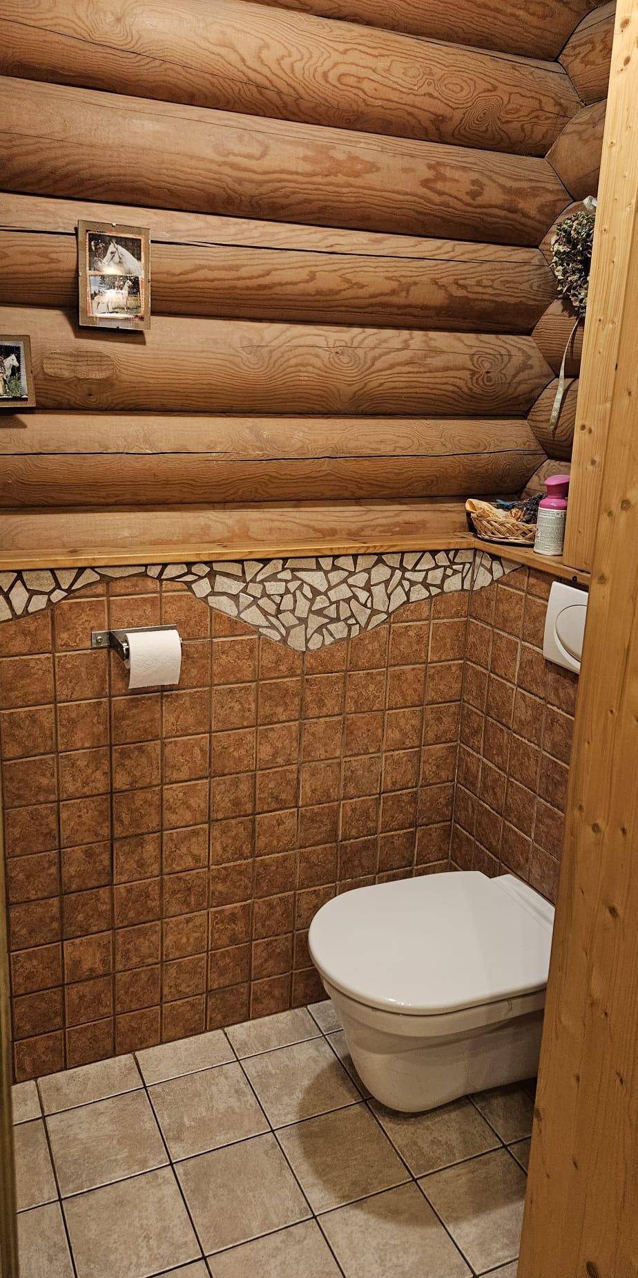 Separates WC im Blockhaus mit gefliesten Wänden und einer wandhängenden Toilette.