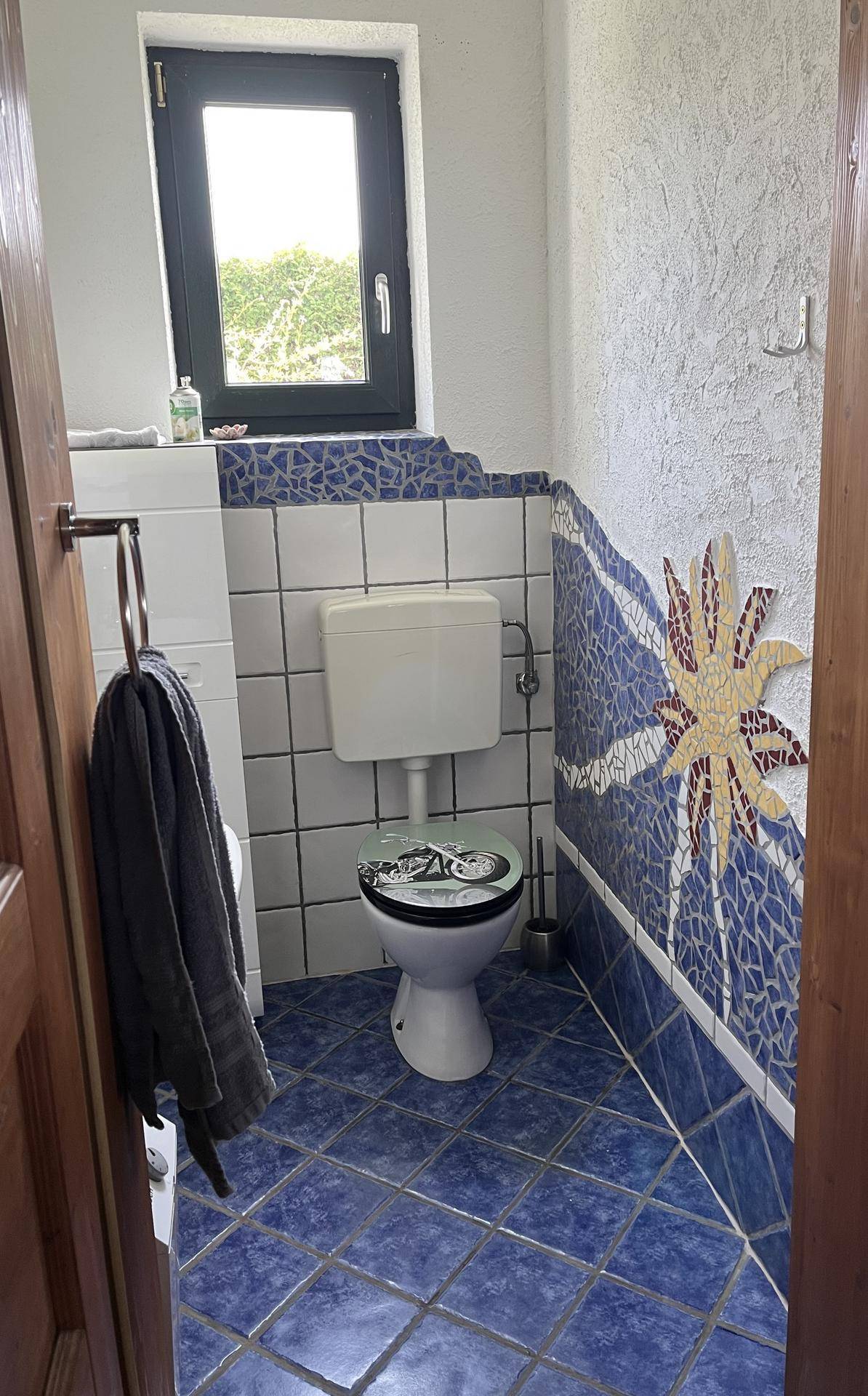 Kleines Badezimmer oder Gäste-WC mit blauen und weißen Fliesen, einem Fenster und einer Toilette.