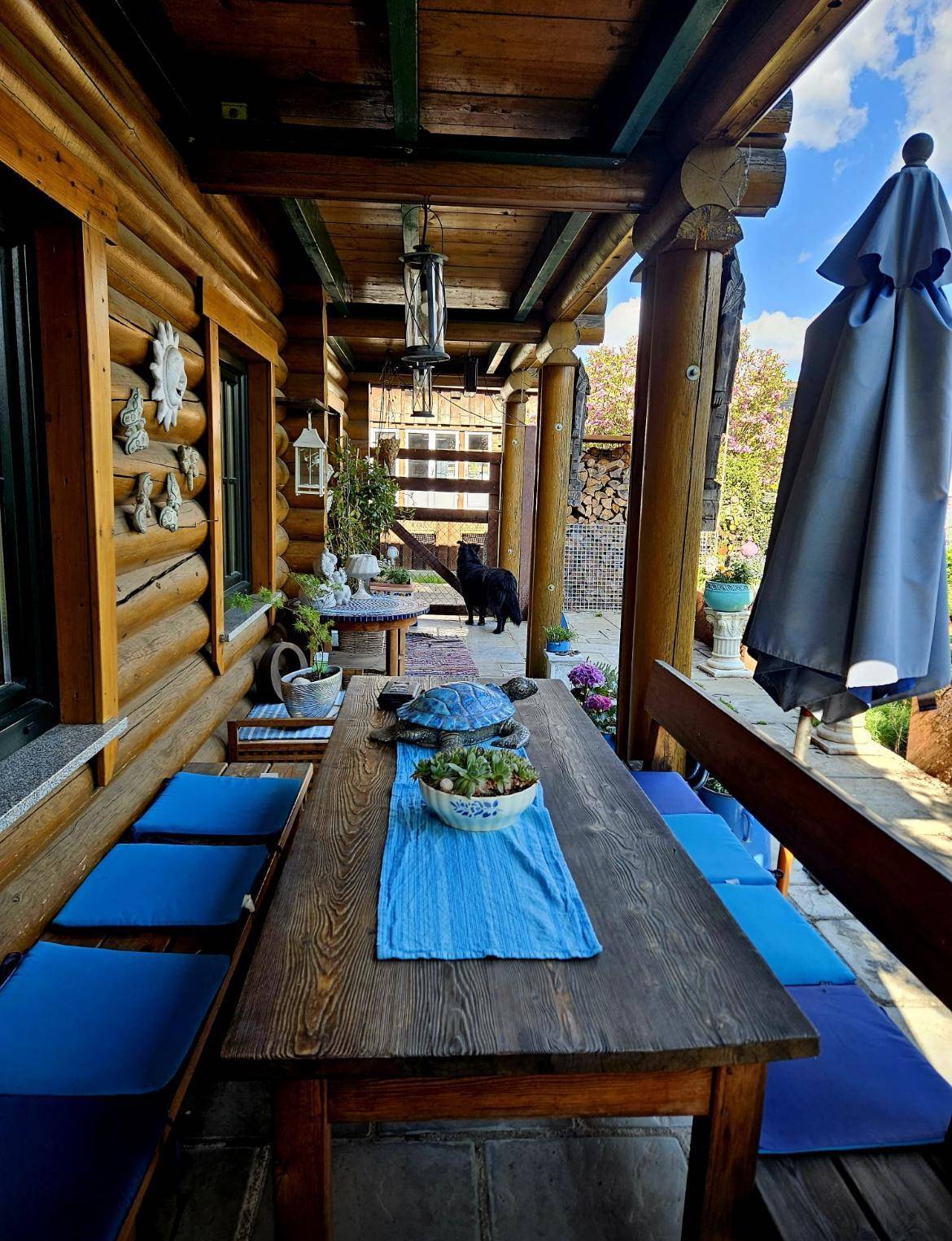 Überdachter Essbereich im Freien oder Loggia des Blockhauses mit langem Holztisch und blauen Sitzkissen.