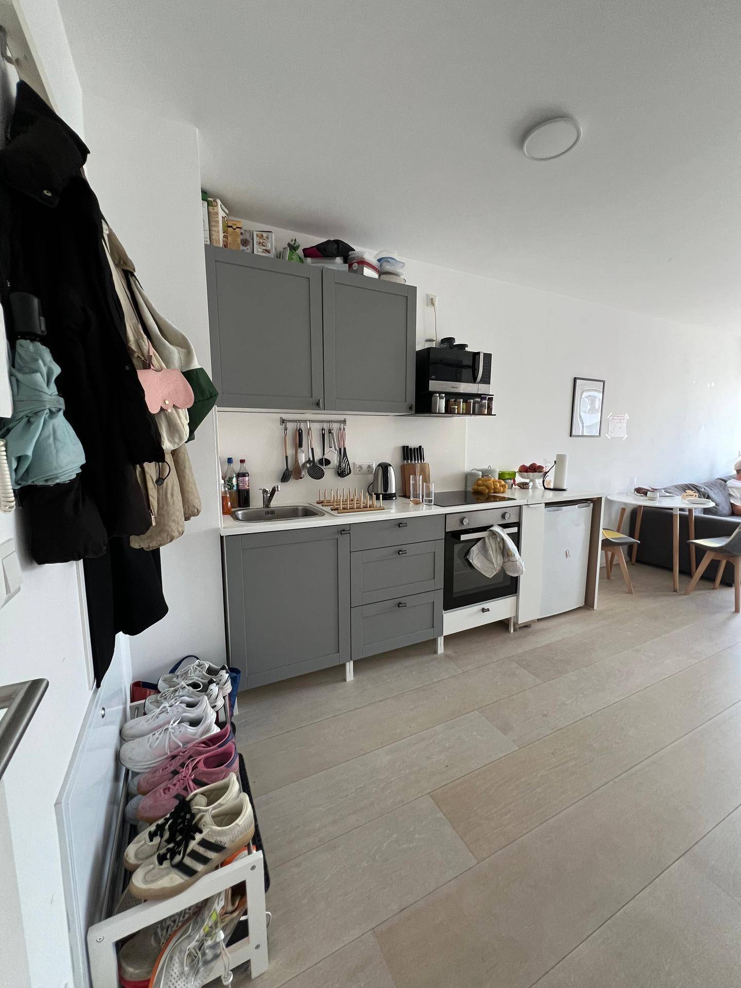 Kompakte Küchenzeile mit grauen Schränken, Spüle, Kochfeld und kleinem Kühlschrank in einem offenen Wohnbereich.