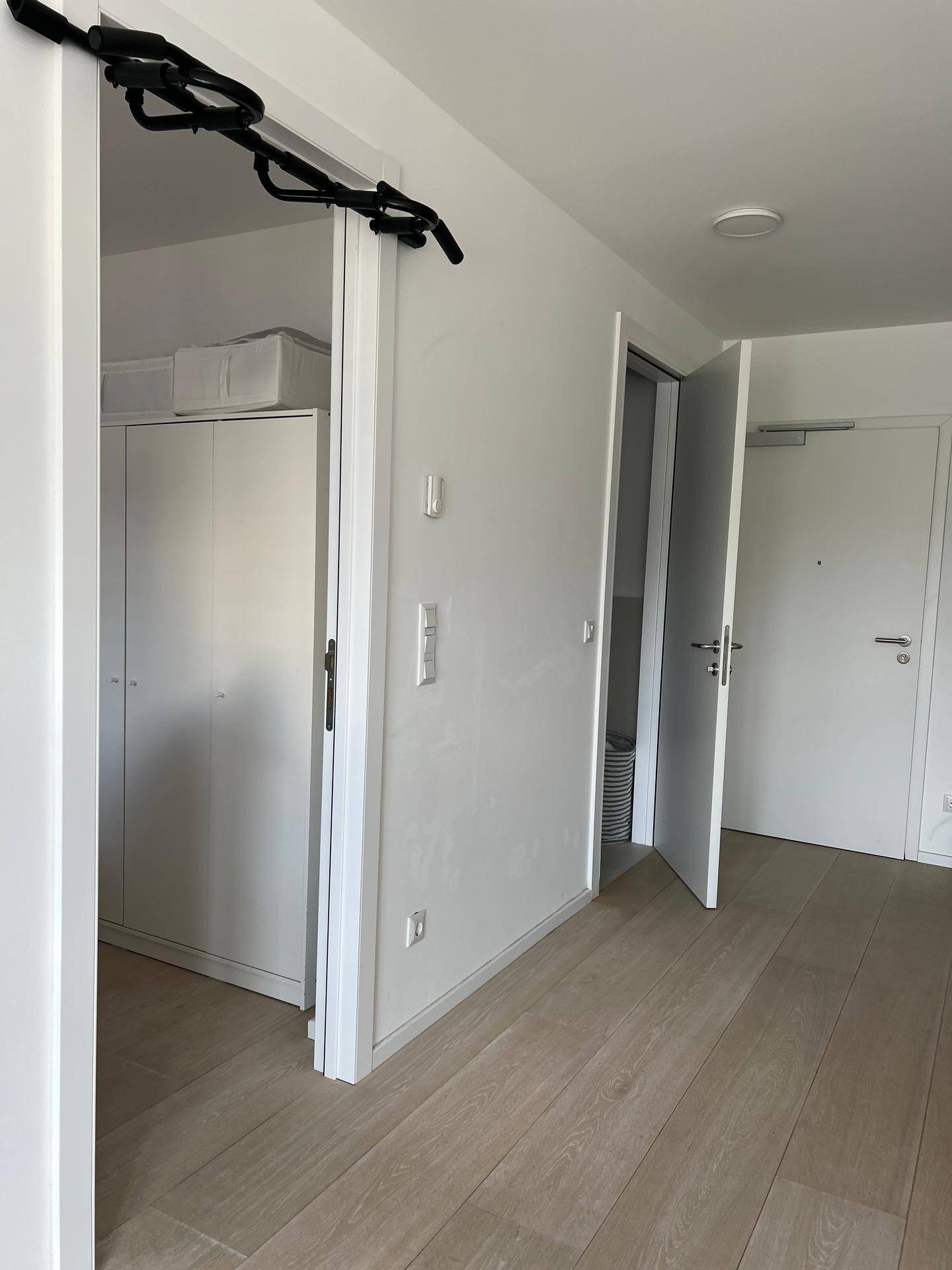 Heller Flurbereich mit Laminatboden und mehreren Türen, die zu den angrenzenden Räumen führen.