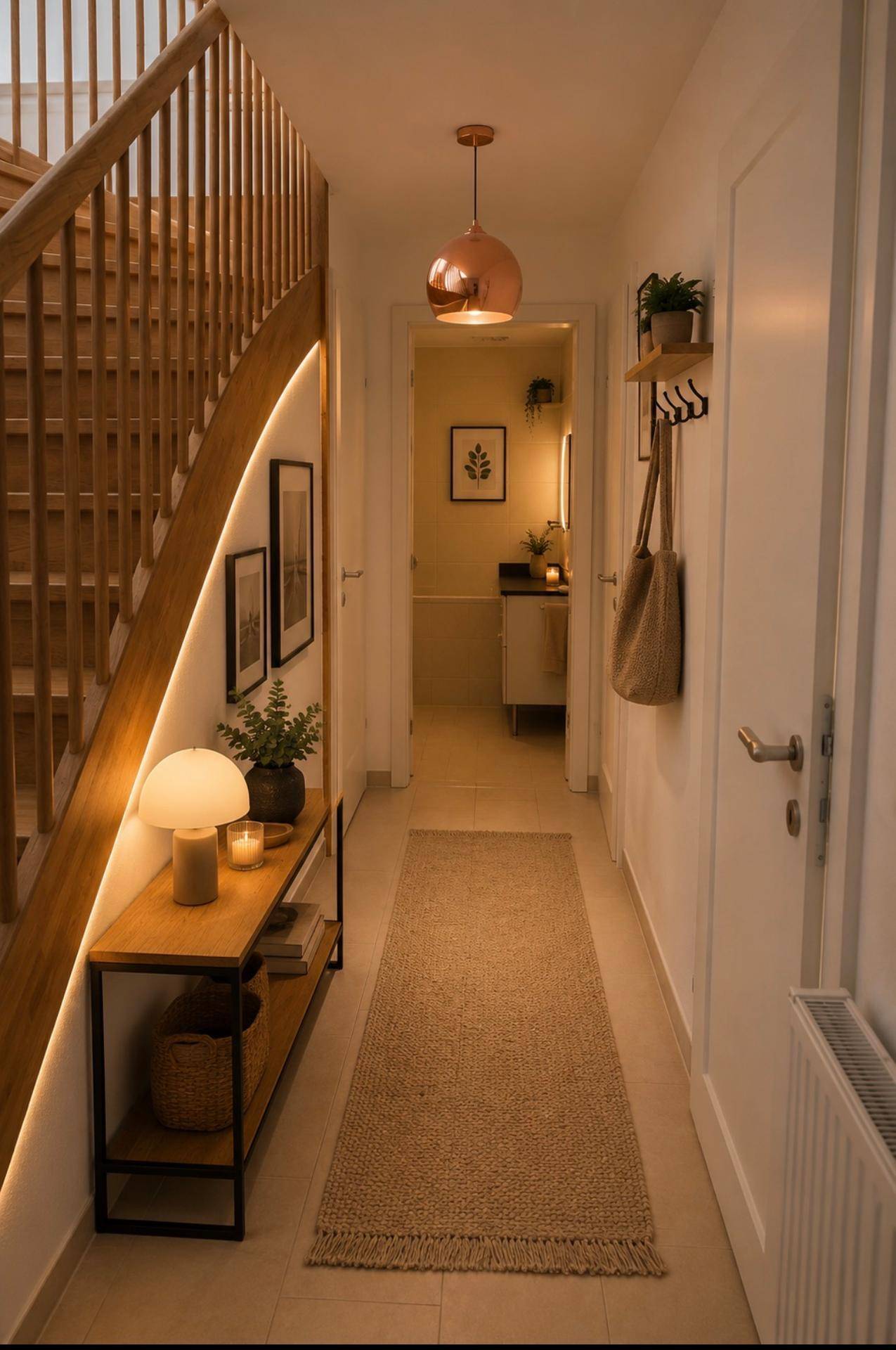 Heller Flur mit Holztreppe, moderner Dekoration und Blick in ein angrenzendes Badezimmer.