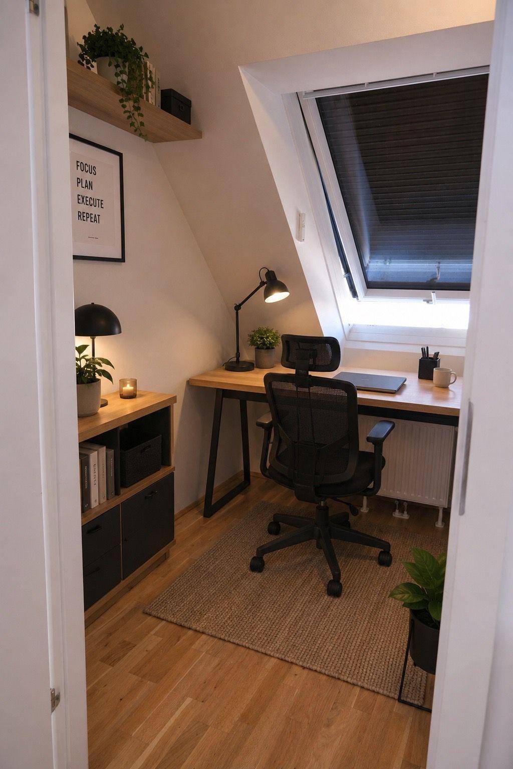 Funktionales Home-Office im Dachgeschoss mit Schreibtisch, Bürostuhl und Dachfenster.
