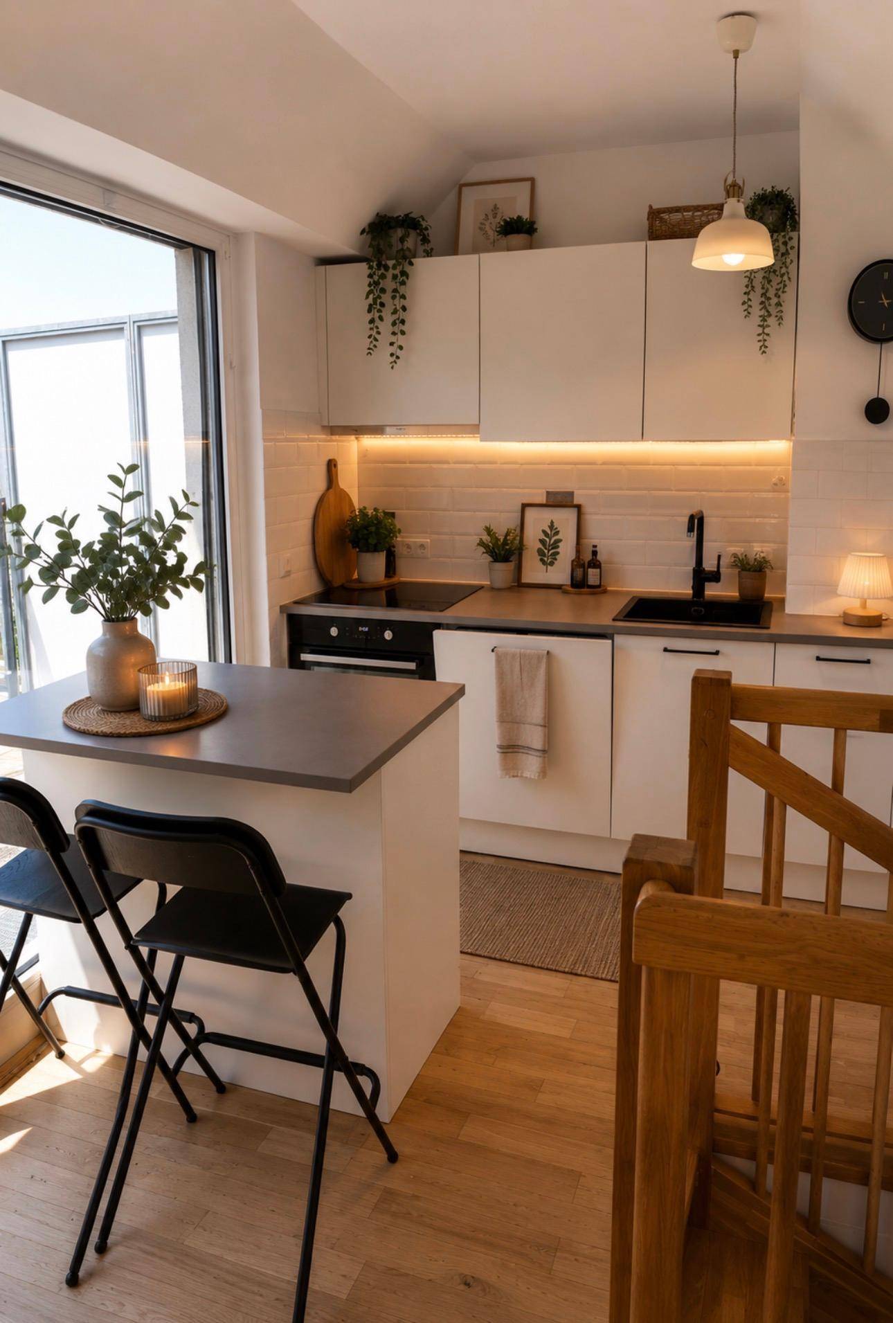 Moderne Küchenzeile mit weißen Schränken, Frühstücksbar und Zugang zur sonnigen Dachterrasse.