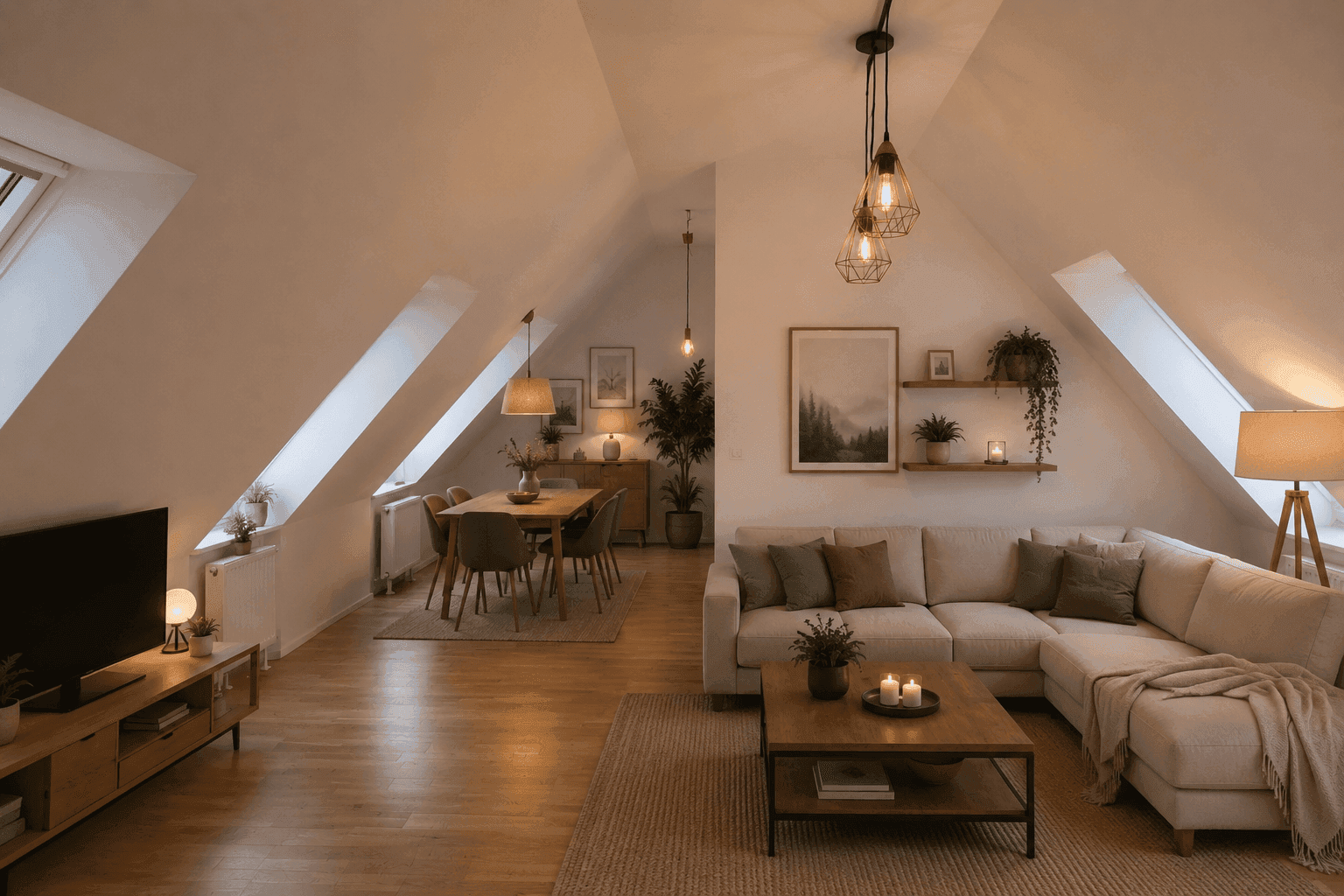Gemütlicher Wohn-Essbereich im Dachgeschoss mit Holzboden, Dachfenstern und moderner Einrichtung.