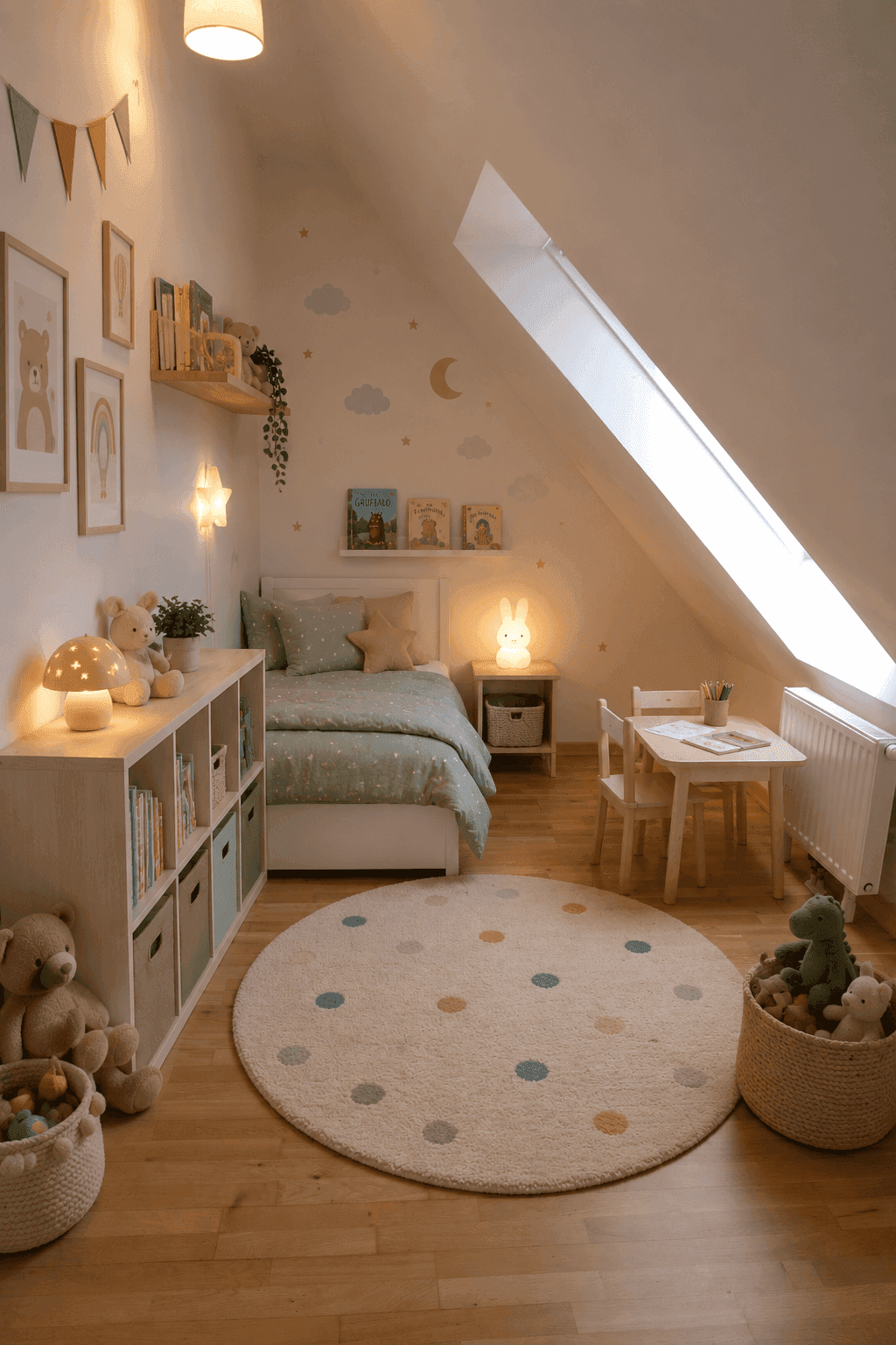 Liebevoll eingerichtetes Kinderzimmer im Dachgeschoss mit Bett, Spielbereich und Dachfenster.