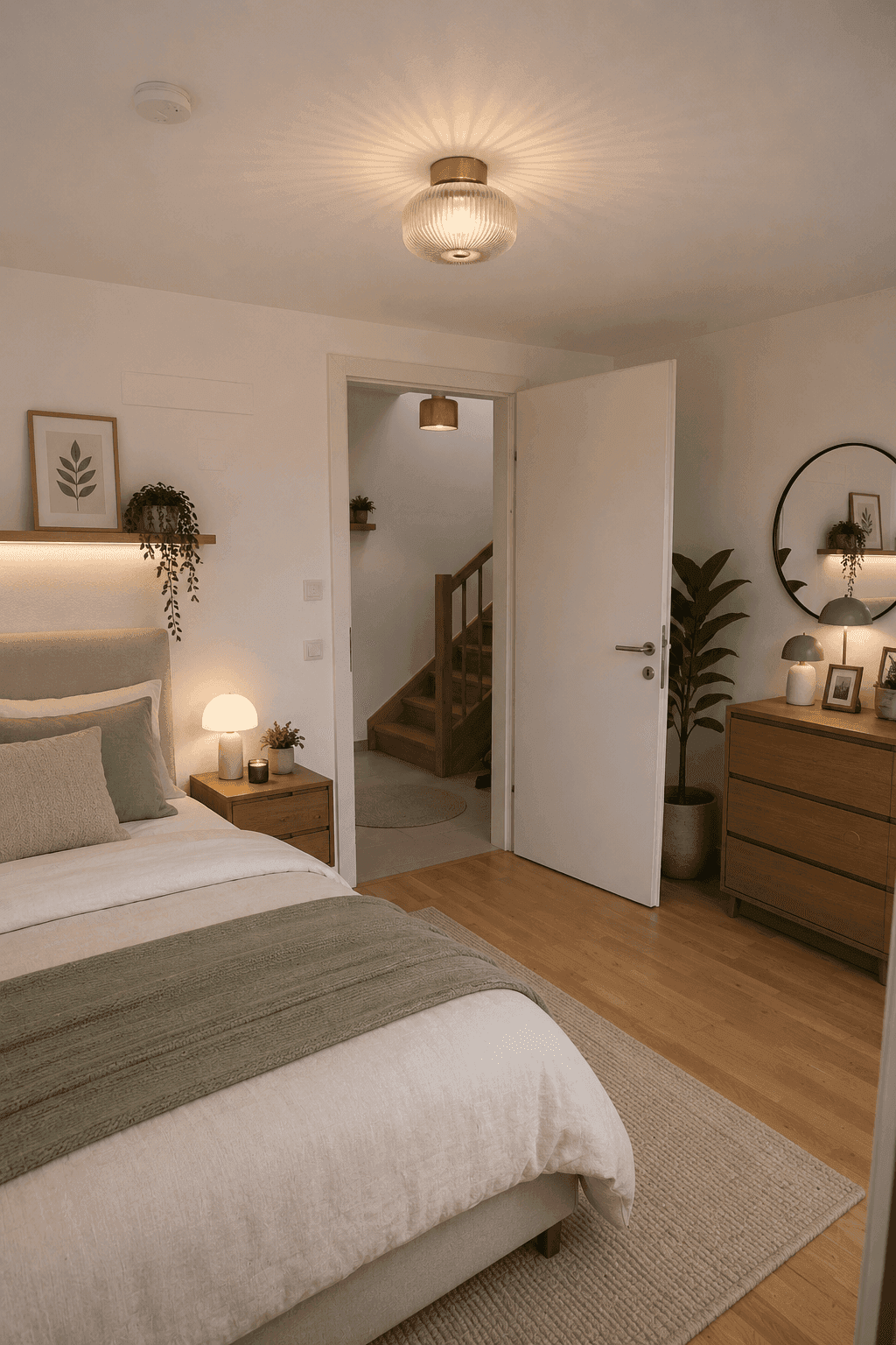 Gemütliches Schlafzimmer mit Holzboden, modernem Bett und Blick auf die Holztreppe im Flur.