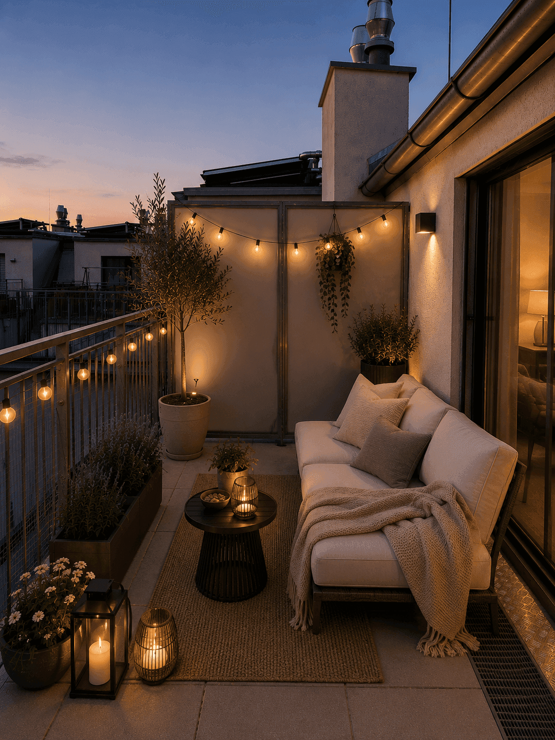 Stimmungsvoller Balkon am Abend mit Lichterkette, Pflanzen und gemütlicher Sitzgelegenheit.