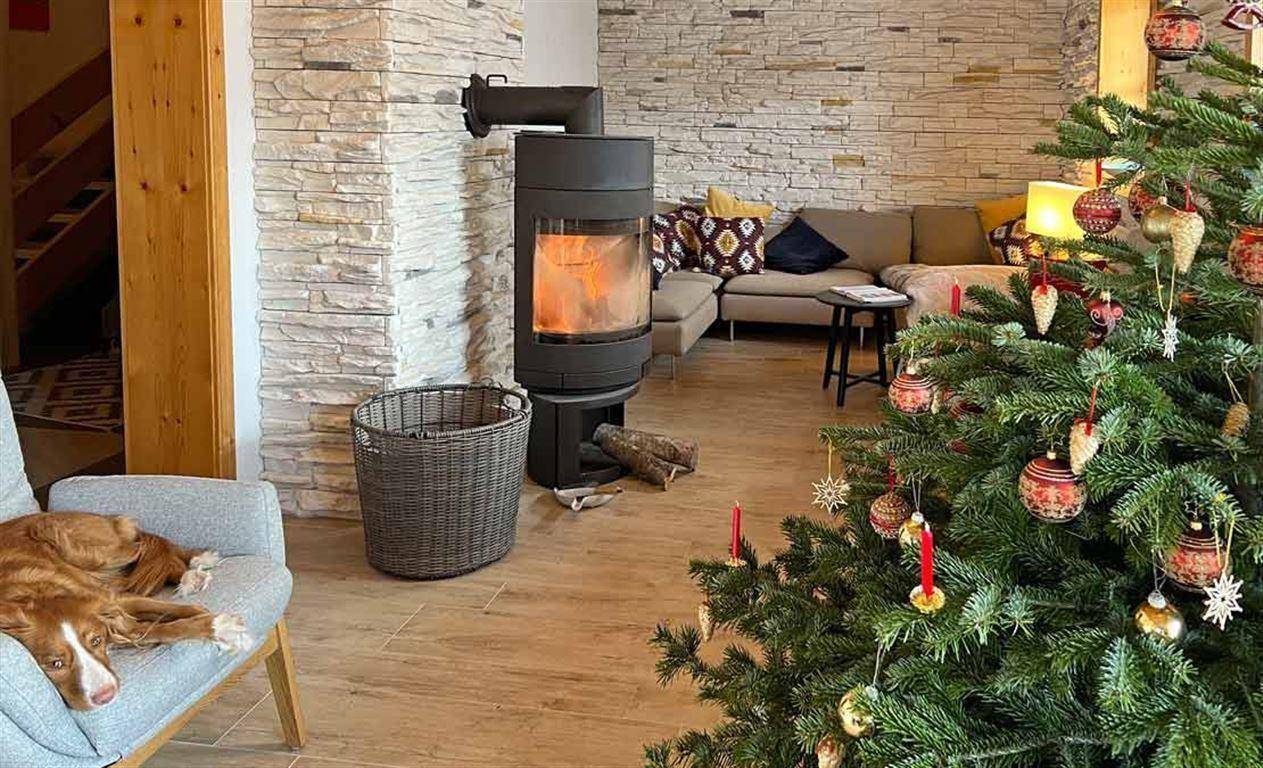 Gemütliches Wohnzimmer mit brennendem Holzofen und festlich geschmücktem Weihnachtsbaum, ein Hund ruht auf dem Sessel.