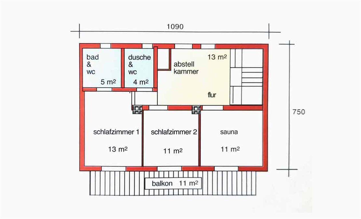 Grundriss des Obergeschosses mit zwei Schlafzimmern, Bädern, Abstellkammer und Balkon.