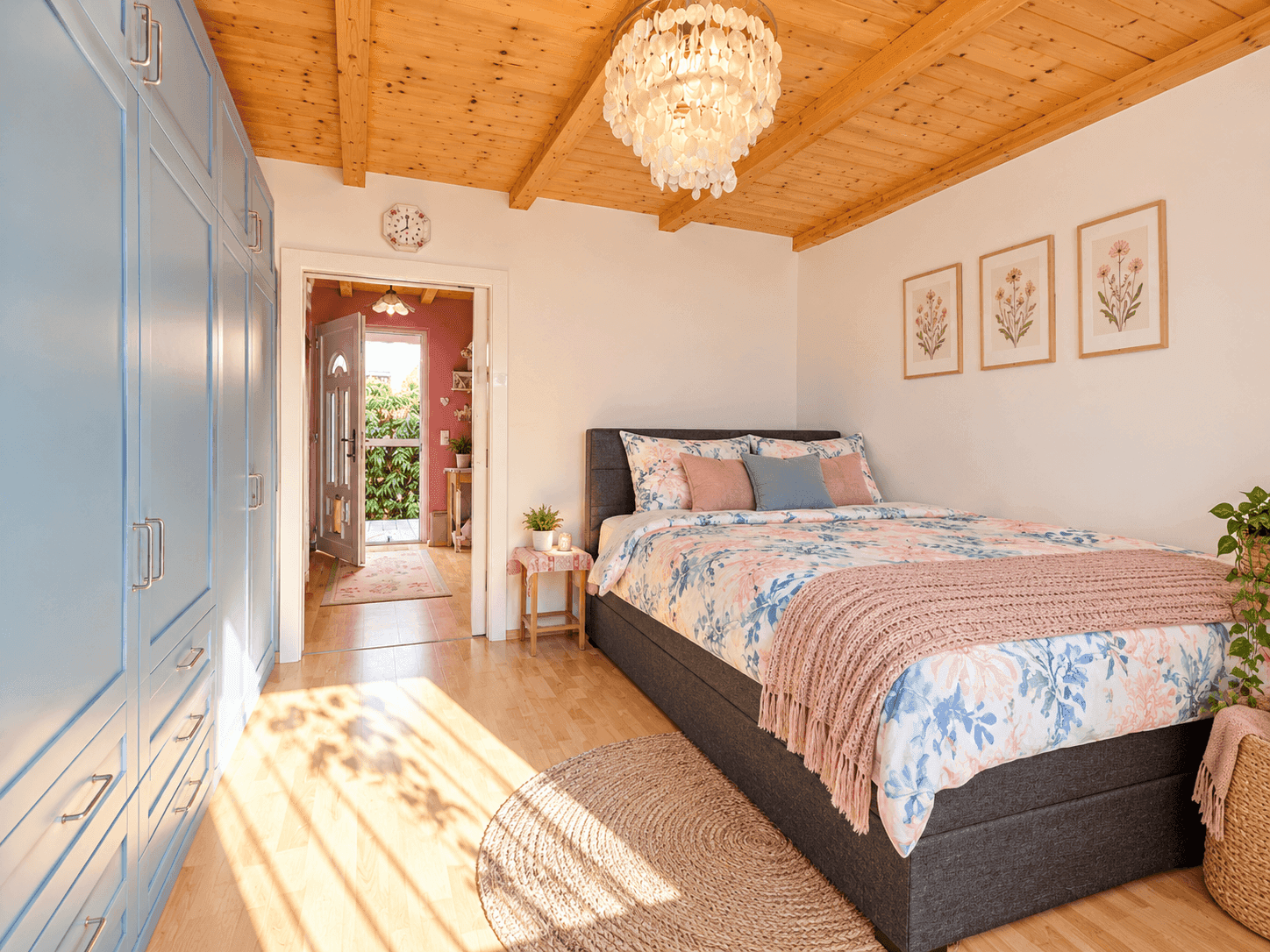 Schlafzimmer mit Holzbalkendecke, Einbauschränken und floraler Bettwäsche.