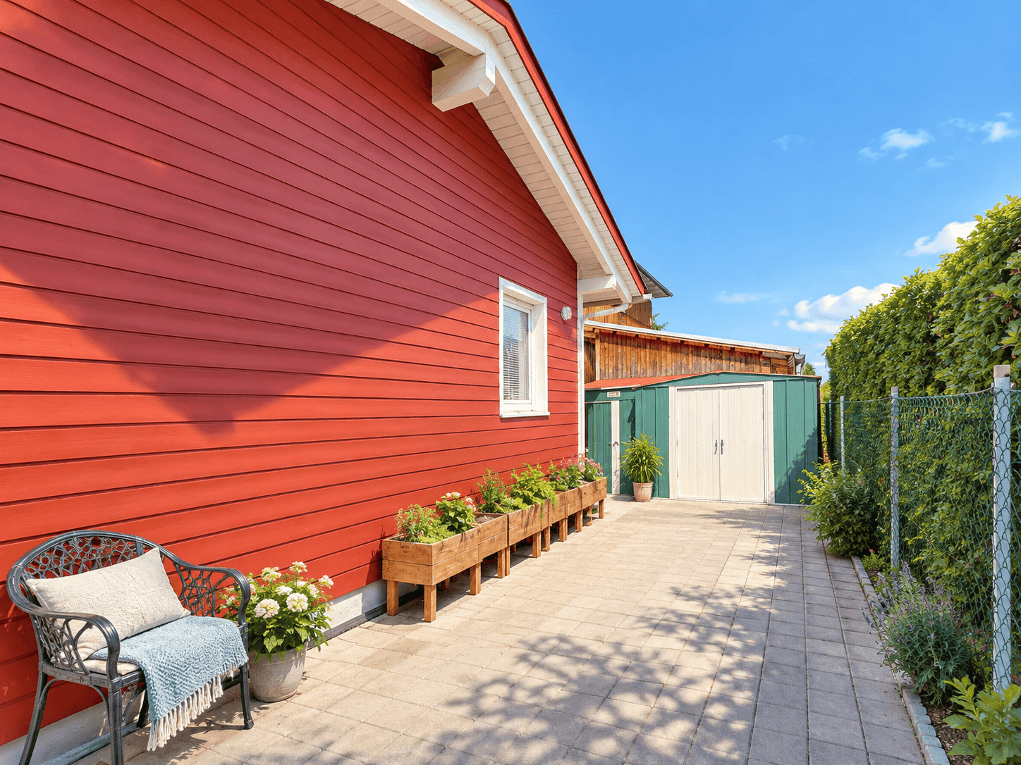 Rote Hausfassade mit gepflastertem Weg, Gartenhaus und Hochbeeten unter blauem Himmel.
