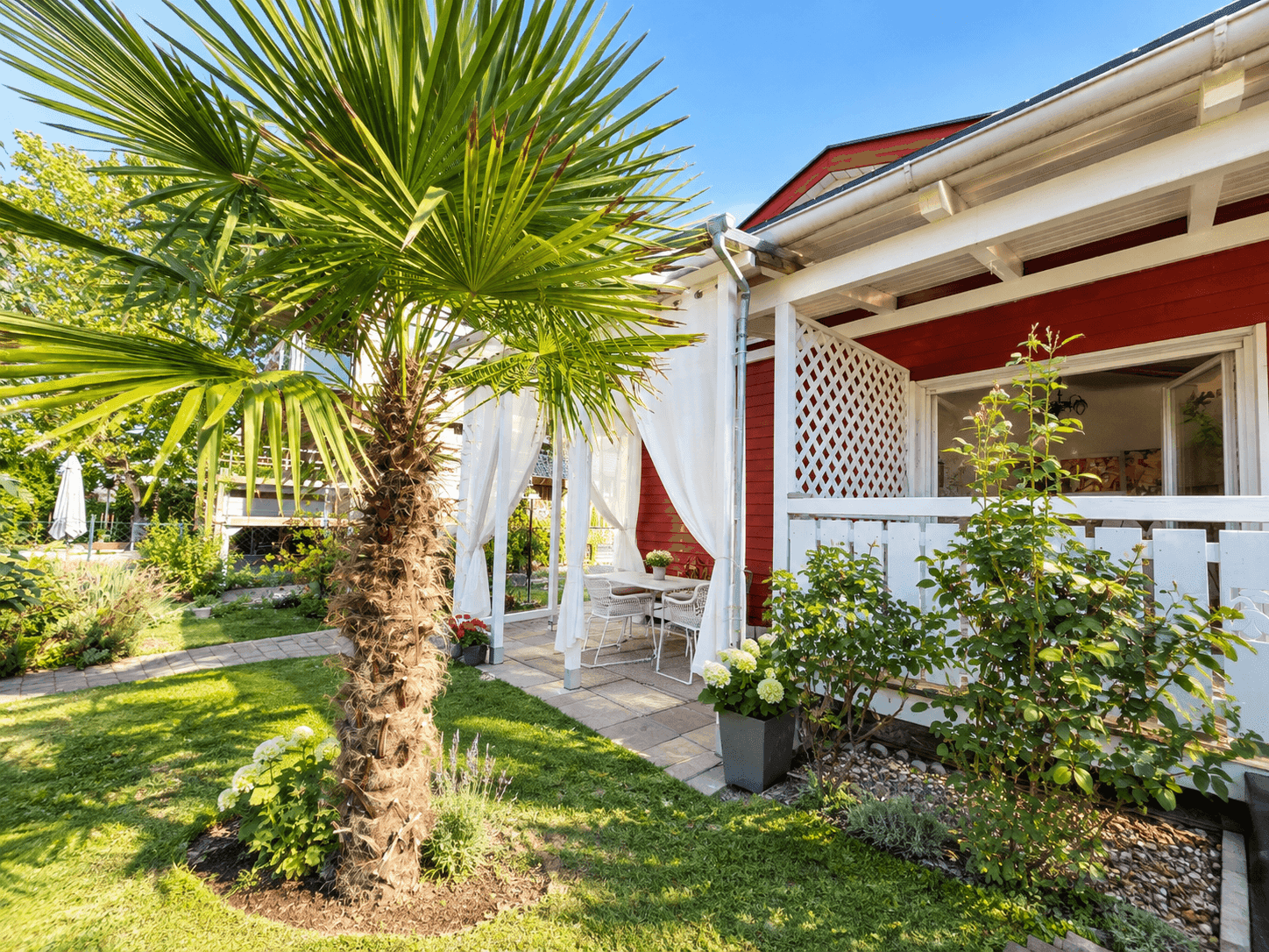 Gepflegter Garten mit Palme, Rasenfläche und überdachtem Sitzbereich am roten Haus.