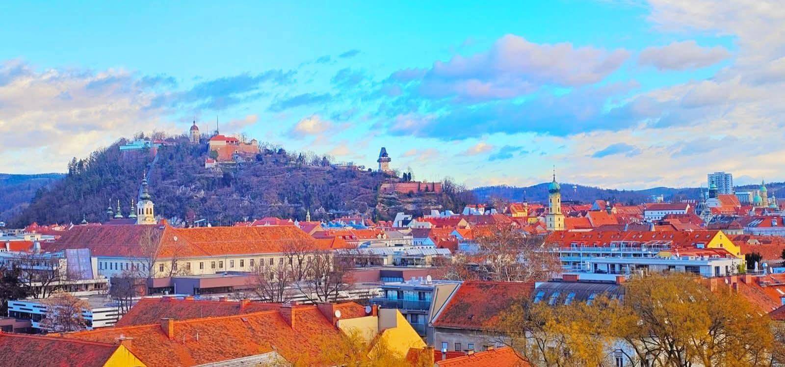 Malerischer Panoramablick über die historische Altstadt mit ihren roten Dächern und der Burg auf dem Hügel.