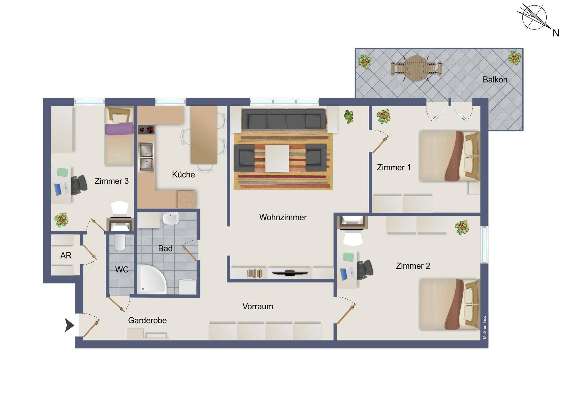 Grundriss der Wohnung mit drei Zimmern, Küche, Bad, WC und Balkon.