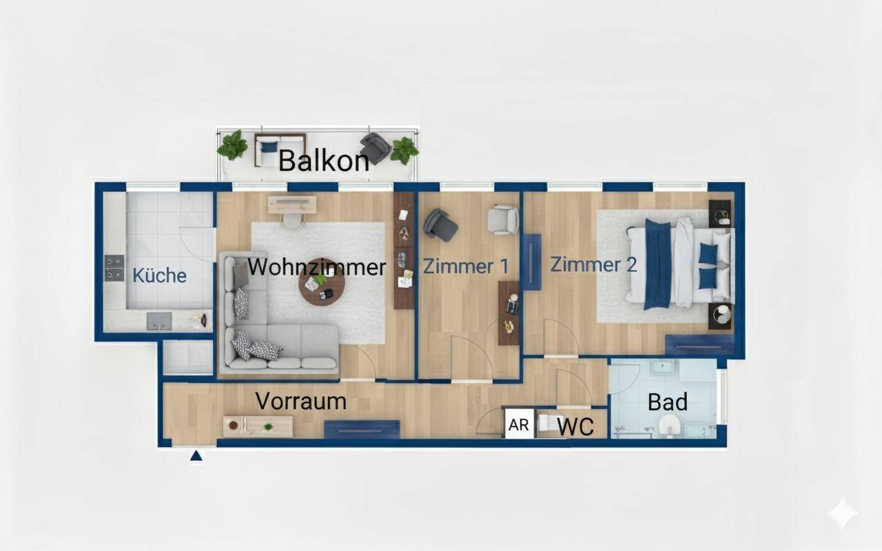 Detaillierter Grundriss einer Wohnung mit Küche, Wohnzimmer, zwei weiteren Zimmern, Bad, WC und Balkon.